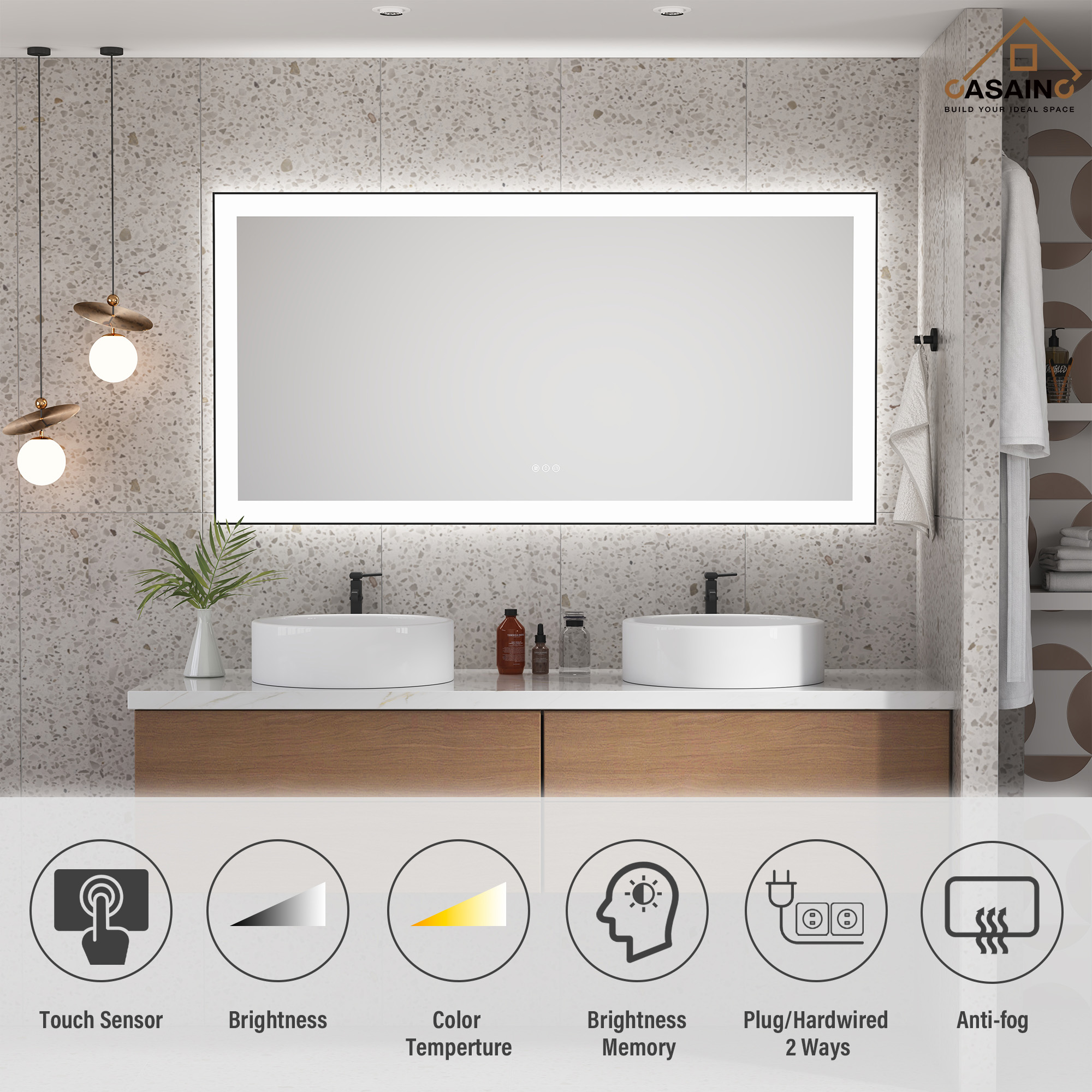 Tempered Glass LED Mirror with Aluminum Frame for Bathroom Vanity