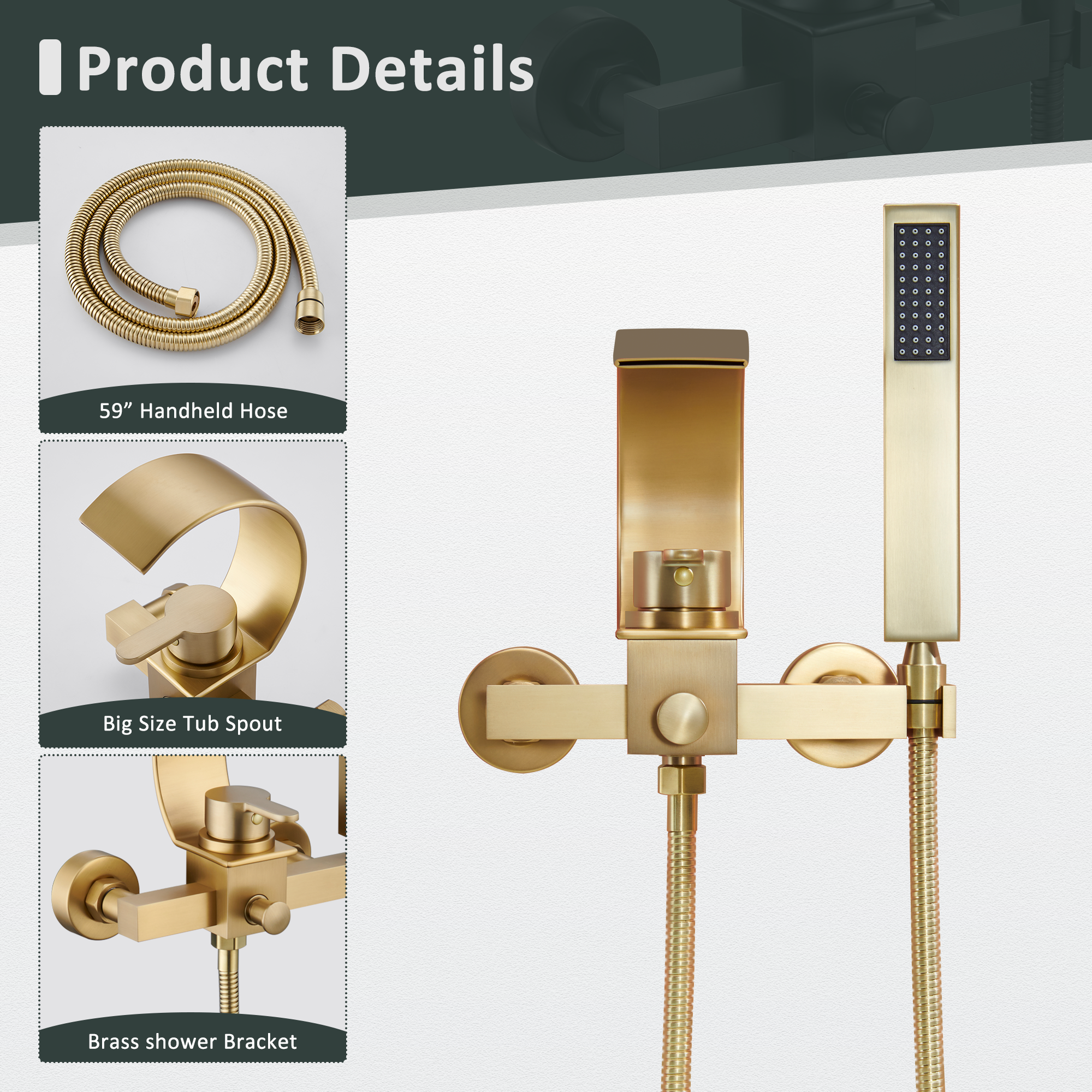 Wall-Mounted Brass Waterfall Tub Filler with Handheld Shower