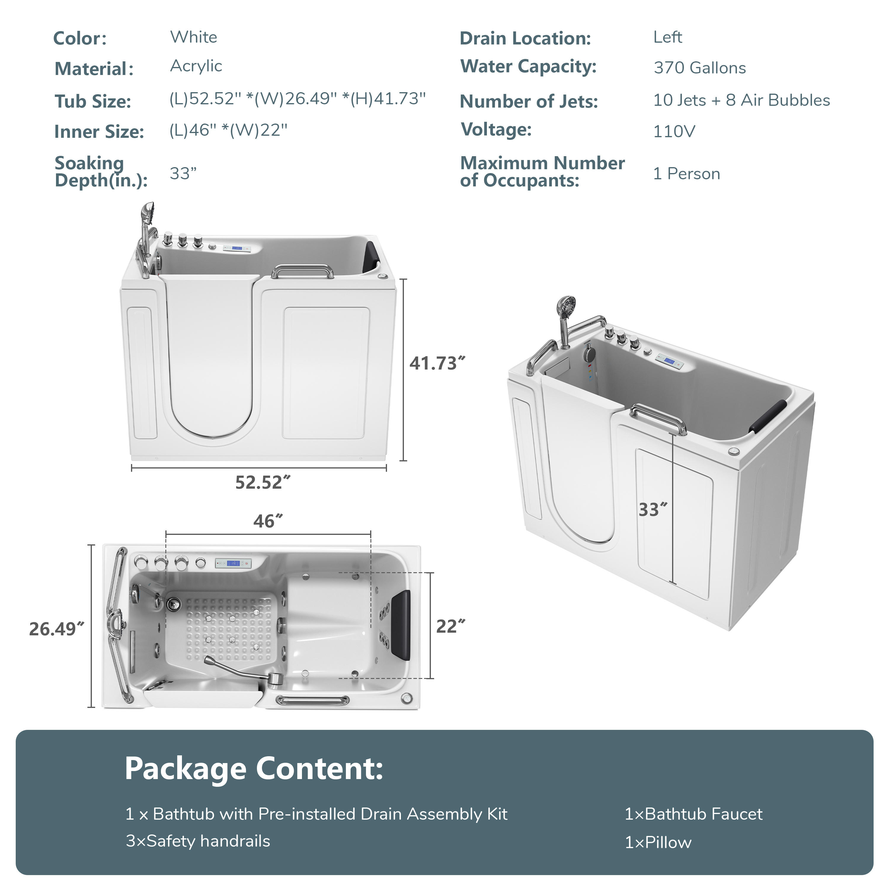 52" Walk-In Whirlpool Bathtub with Hydro-Air Massage, Heater & Ozone Sanitization