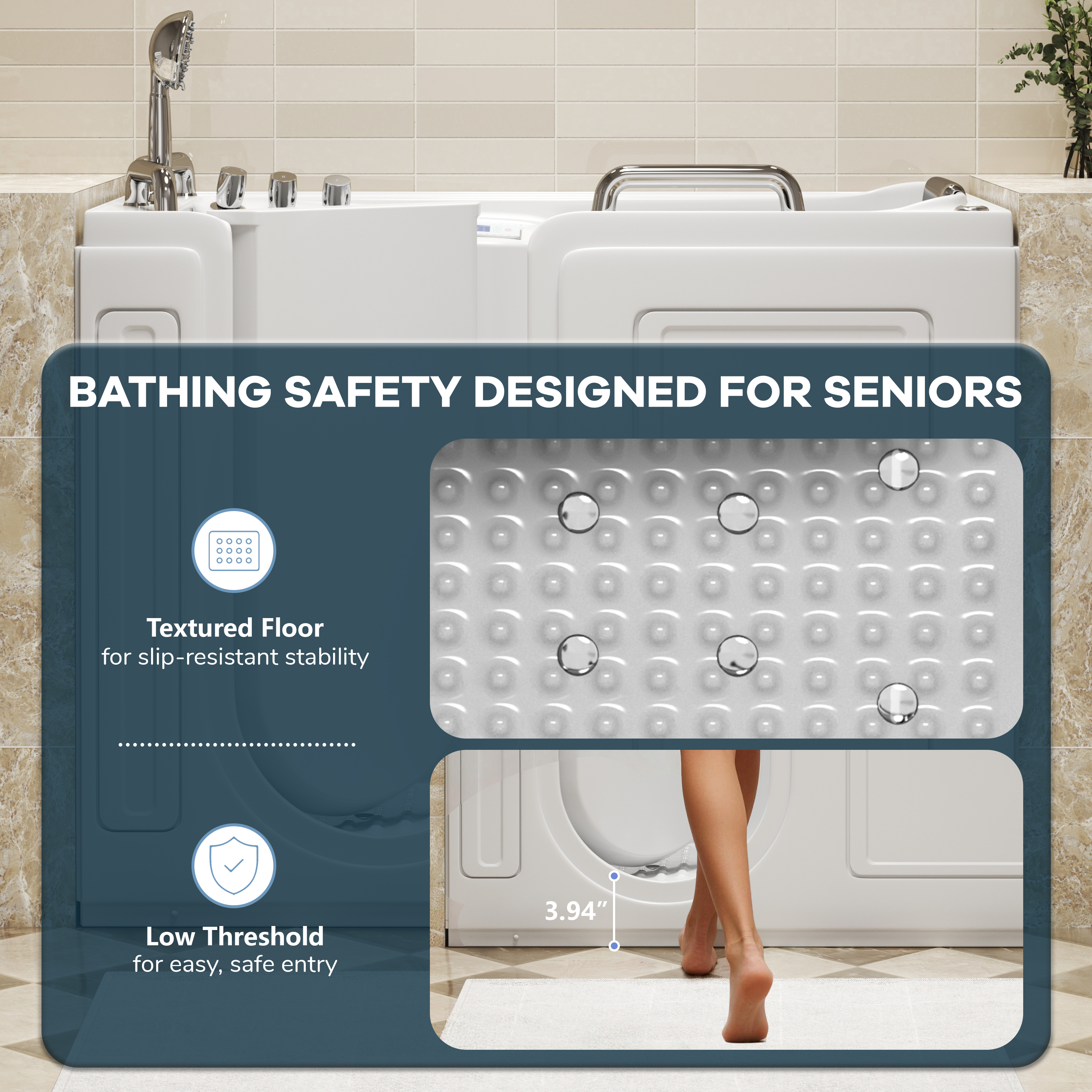 52" Walk-In Whirlpool Bathtub with Hydro-Air Massage, Heater & Ozone Sanitization