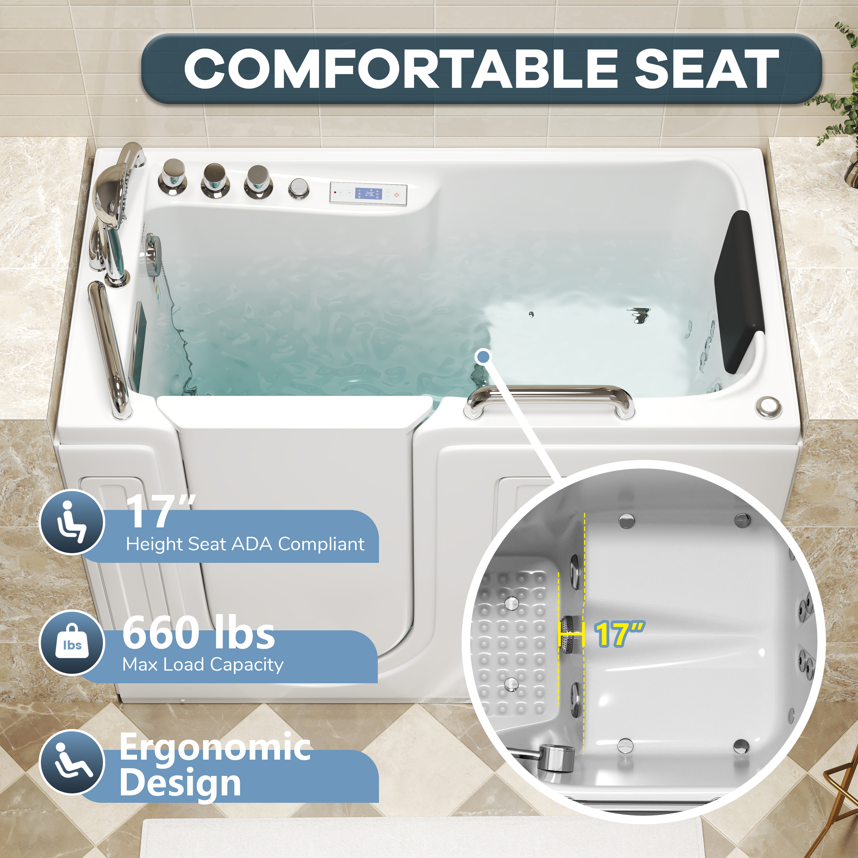 52" Walk-In Whirlpool Bathtub with Hydro-Air Massage, Heater & Ozone Sanitization