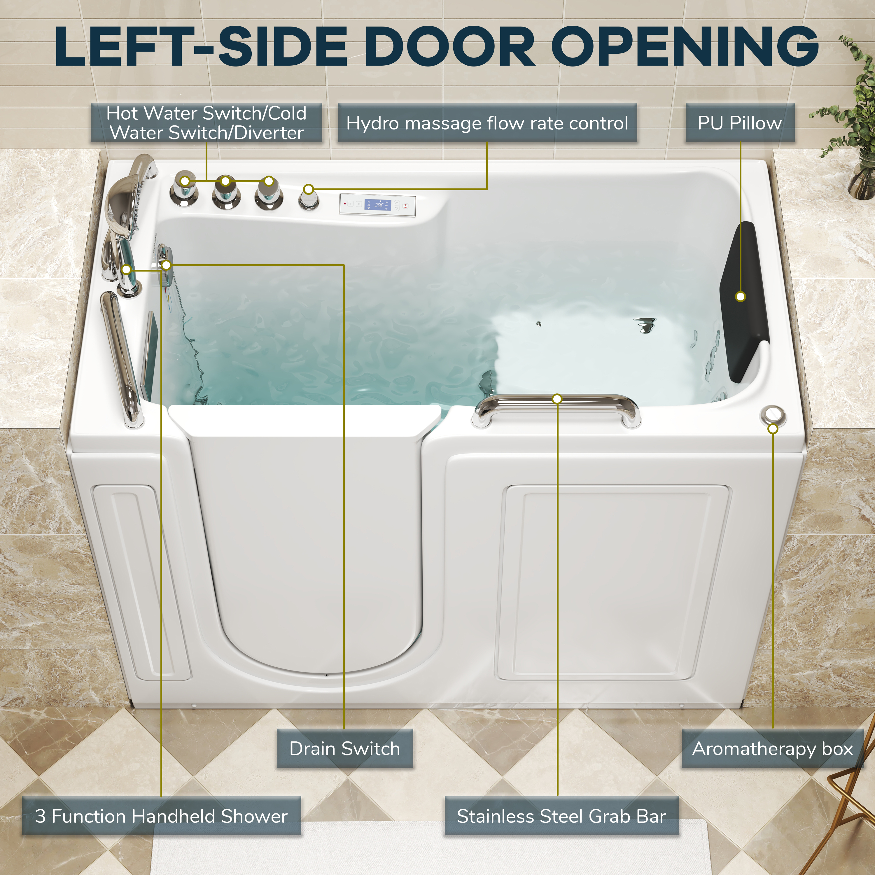 52" Walk-In Whirlpool Bathtub with Hydro-Air Massage, Heater & Ozone Sanitization
