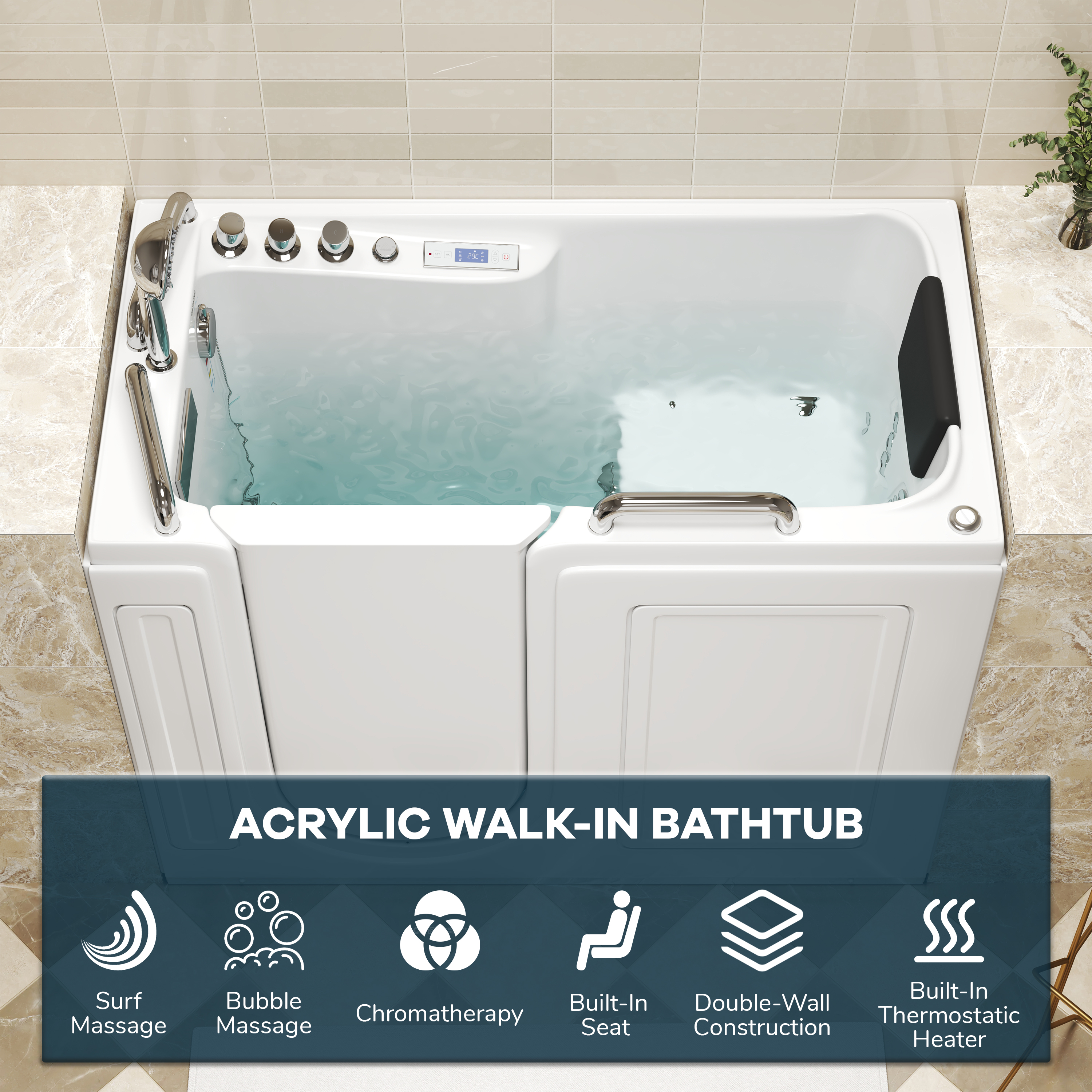 52" Walk-In Whirlpool Bathtub with Hydro-Air Massage, Heater & Ozone Sanitization
