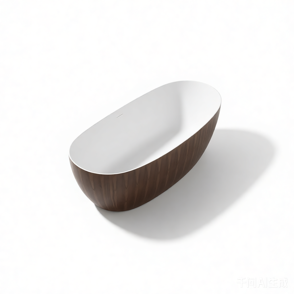 67" Crescent Solid Surface Freestanding Bathtub with Wood Grain Exterior & Ergonomic Backrest