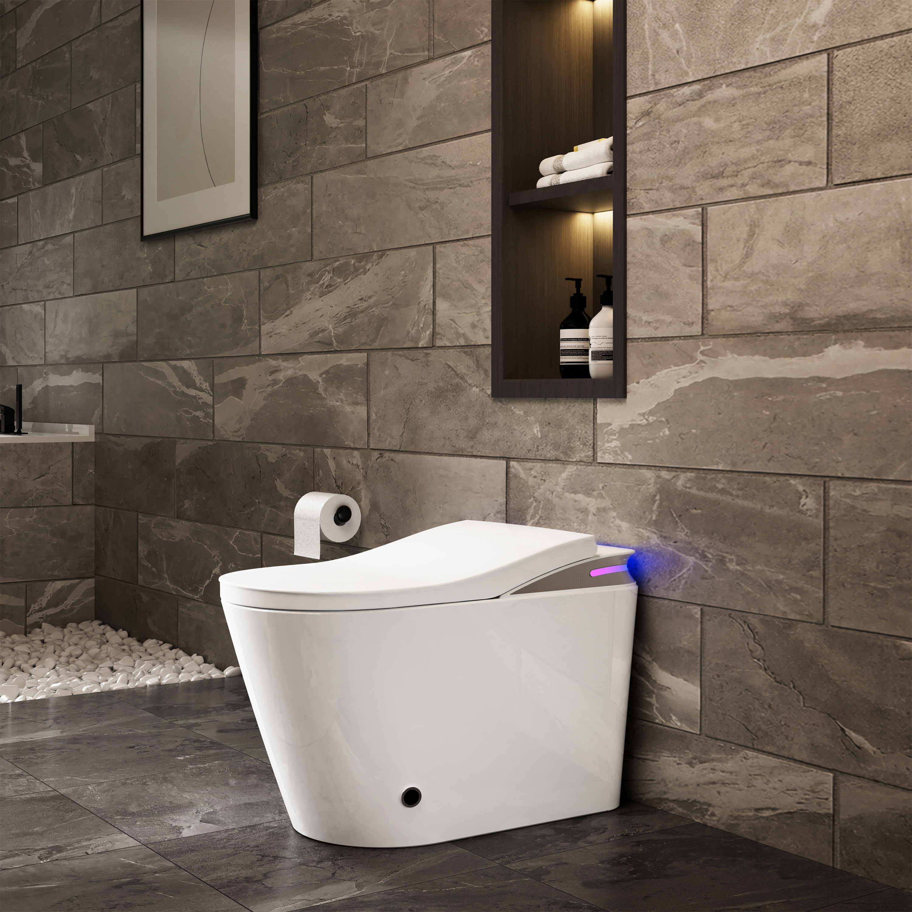 One-Piece Chair Height Elongated Smart Bidet Toilet with Auto Lid, Foam Shield Protection & Dual Flush