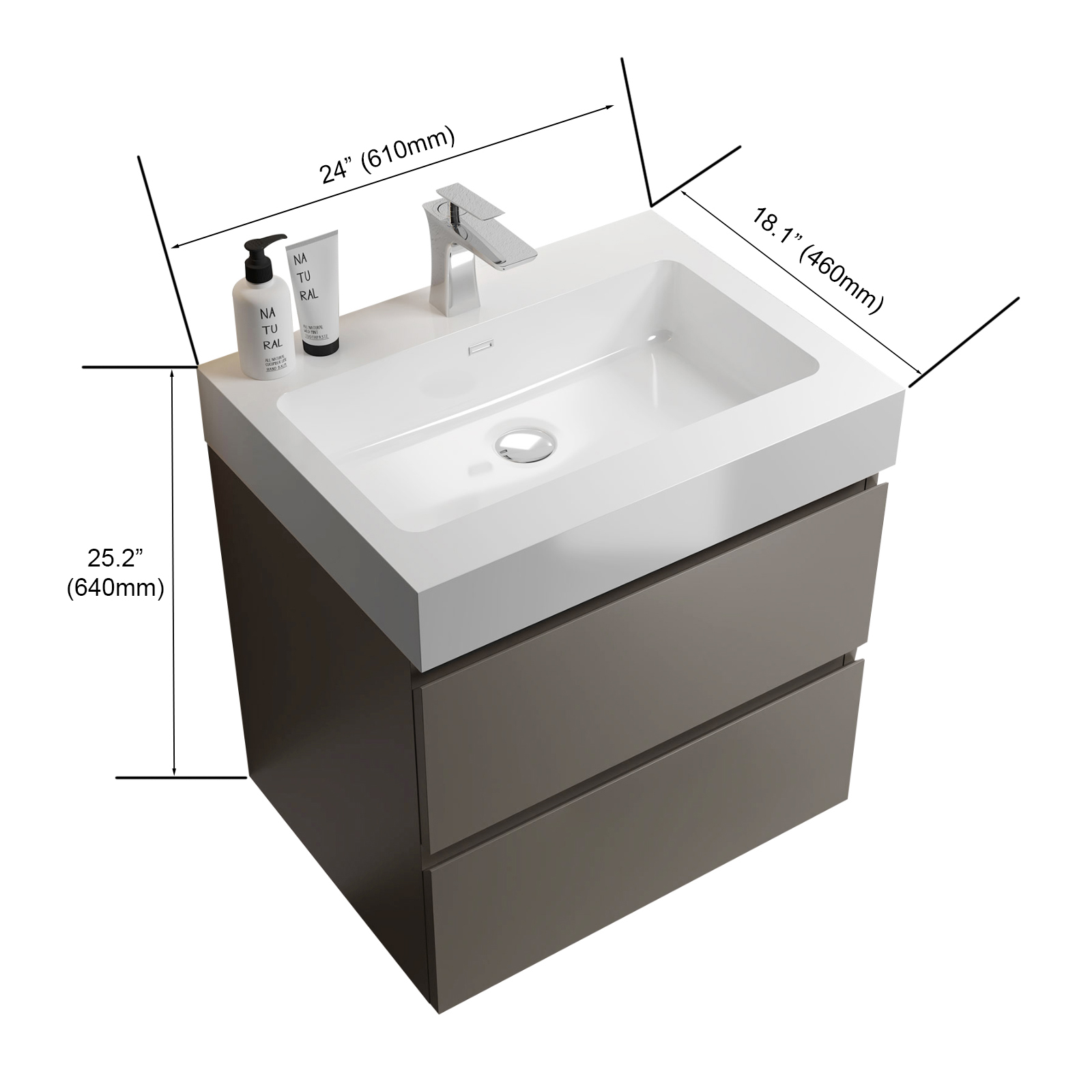 24"/30"/36" Wall-Mounted Gray Bathroom Vanity with White One-Piece Sink Basin