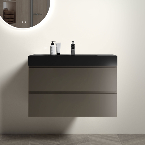 24"/30"/36" Wall-Mounted Gray Bathroom Vanity with White&Black One-Piece Sink Basin