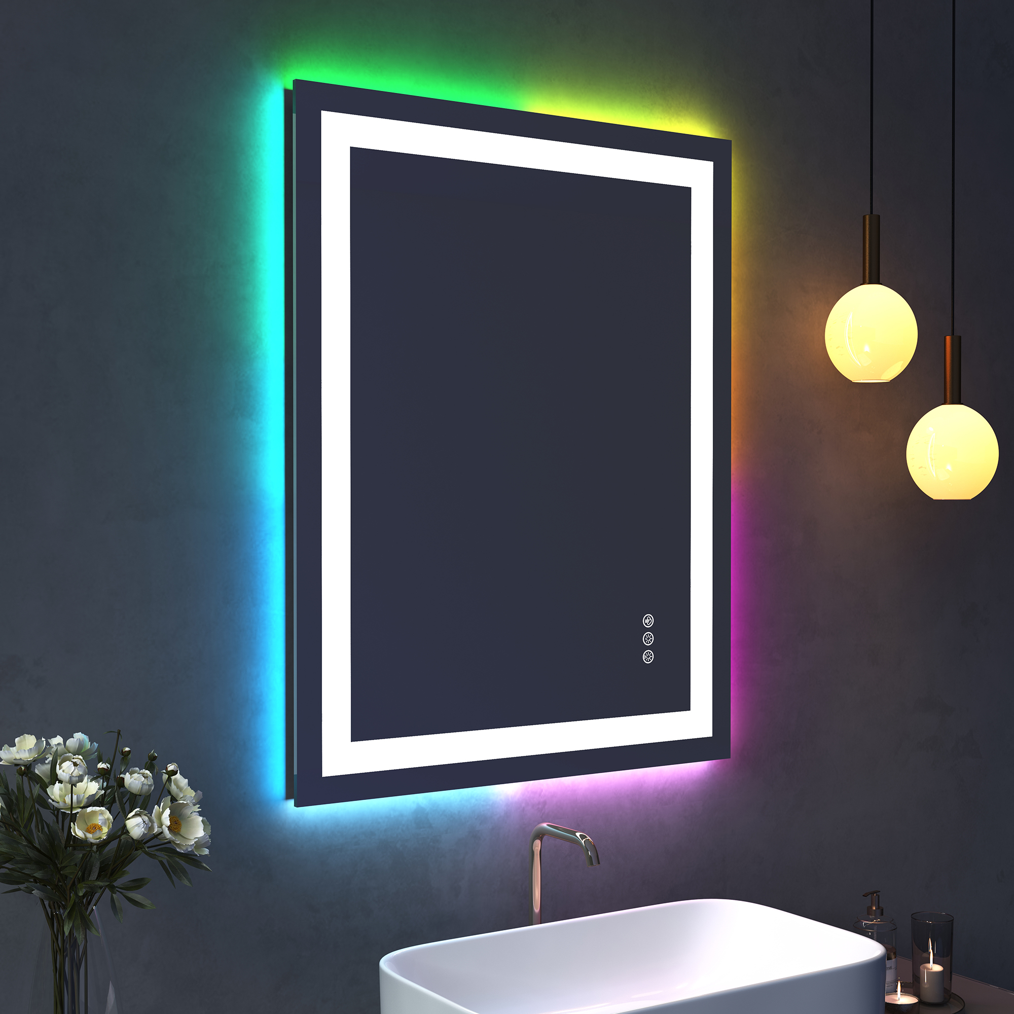 Tempered RGB LED Bathroom Mirror with Smart Controls & Anti-Fog