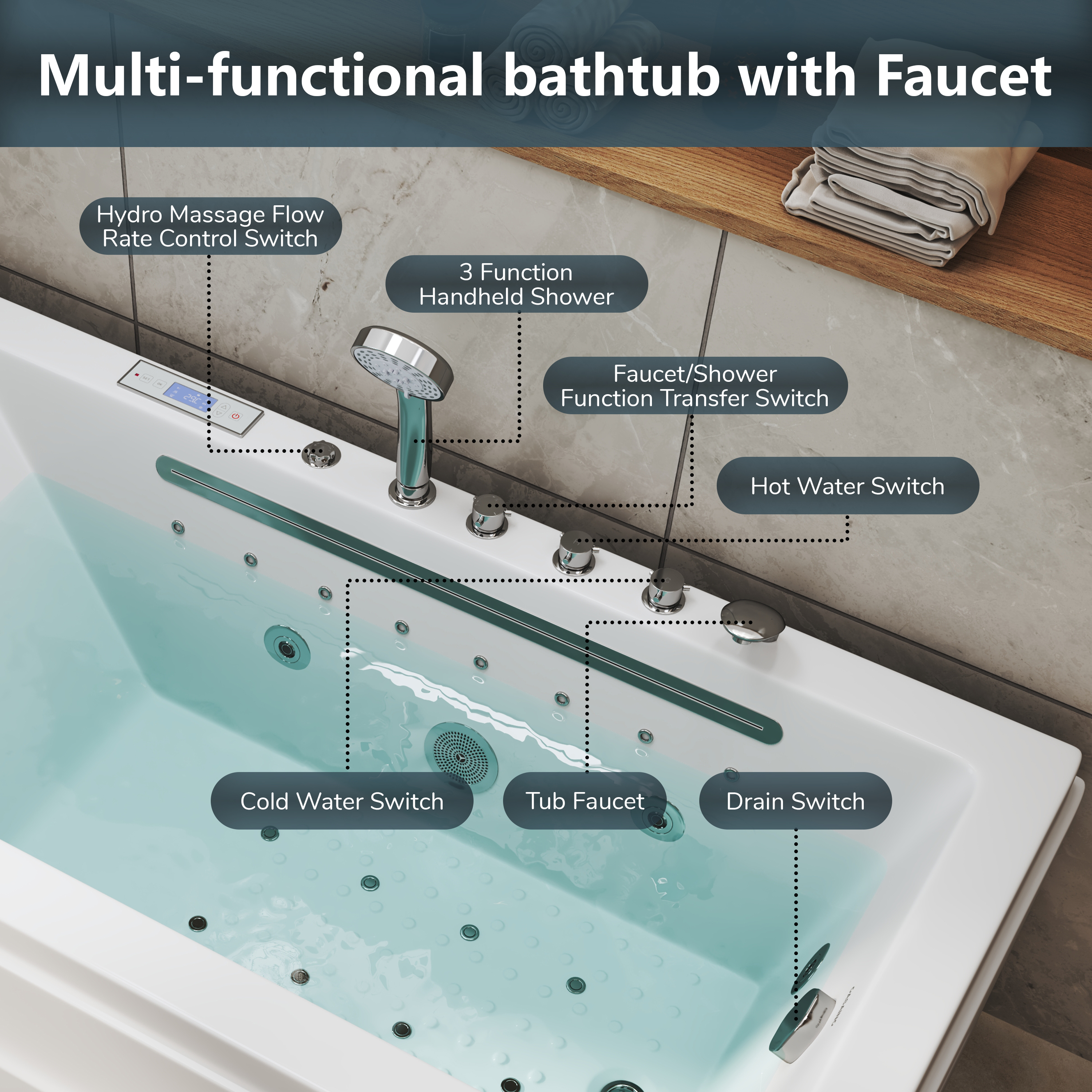 59" Freestanding Acrylic Hydro-Air Massage Bathtub with Dual LED Waterfall Inlets, Chromotherapy Lighting & Constant Temperature Heater