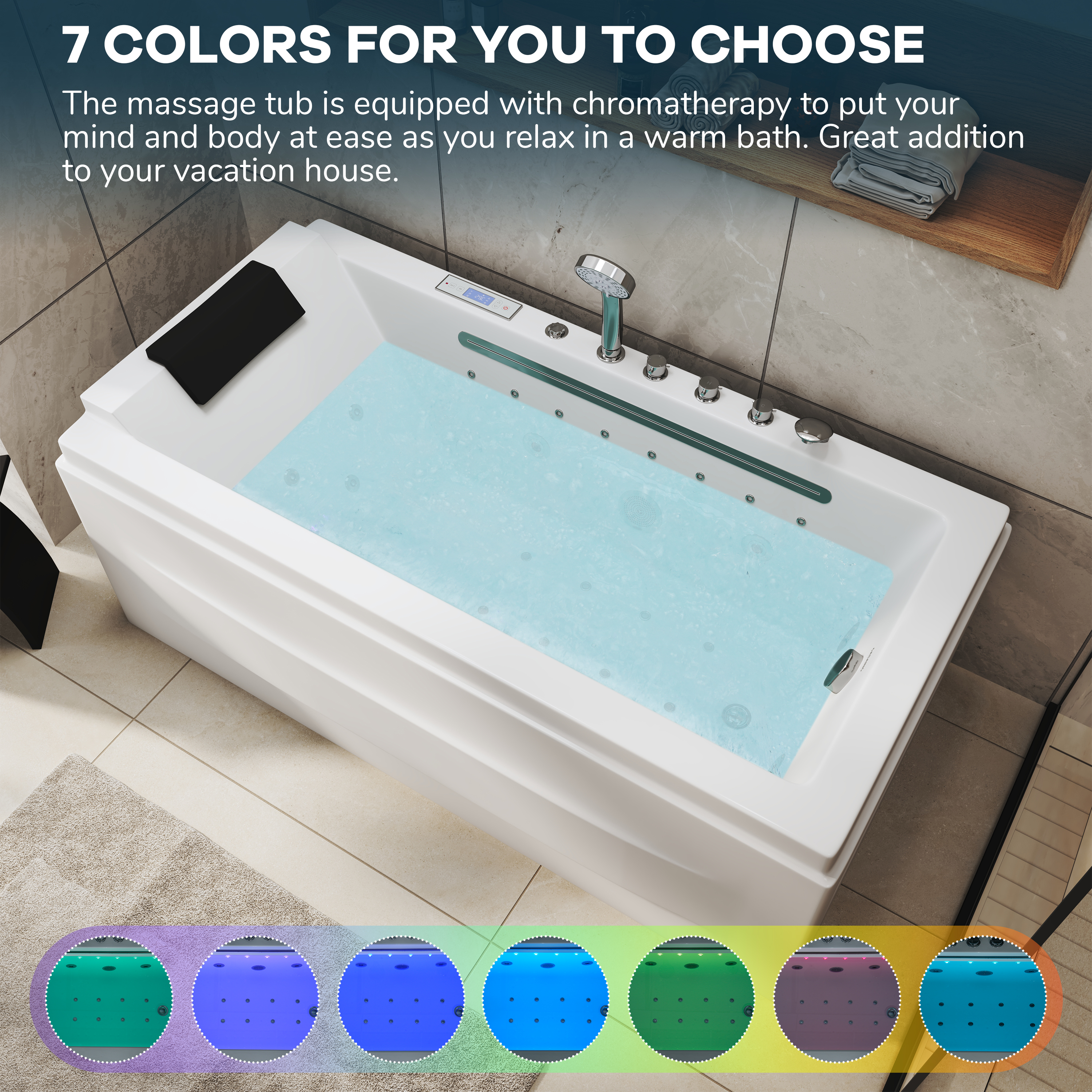 59" Freestanding Acrylic Hydro-Air Massage Bathtub with Dual LED Waterfall Inlets, Chromotherapy Lighting & Constant Temperature Heater