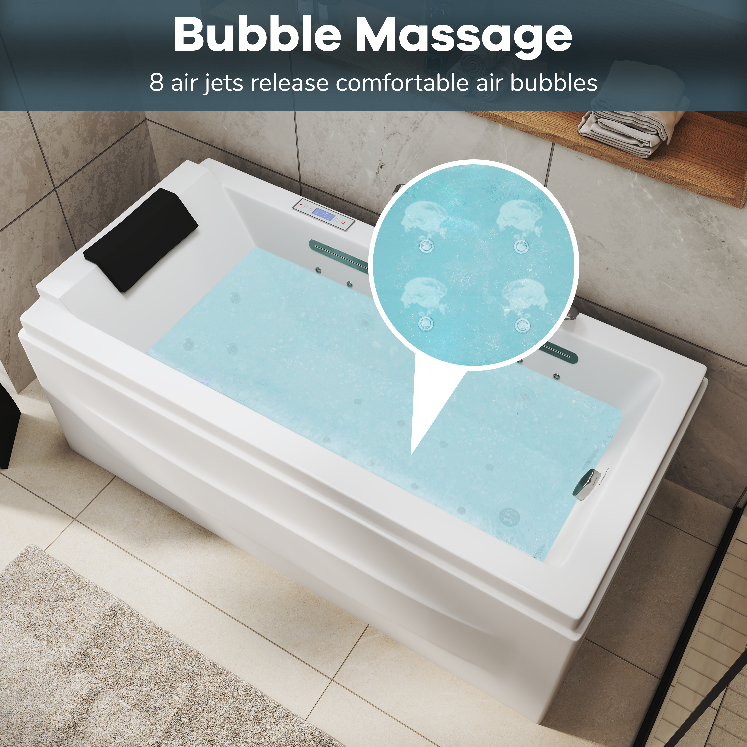 59" Freestanding Acrylic Hydro-Air Massage Bathtub with Dual LED Waterfall Inlets, Chromotherapy Lighting & Constant Temperature Heater