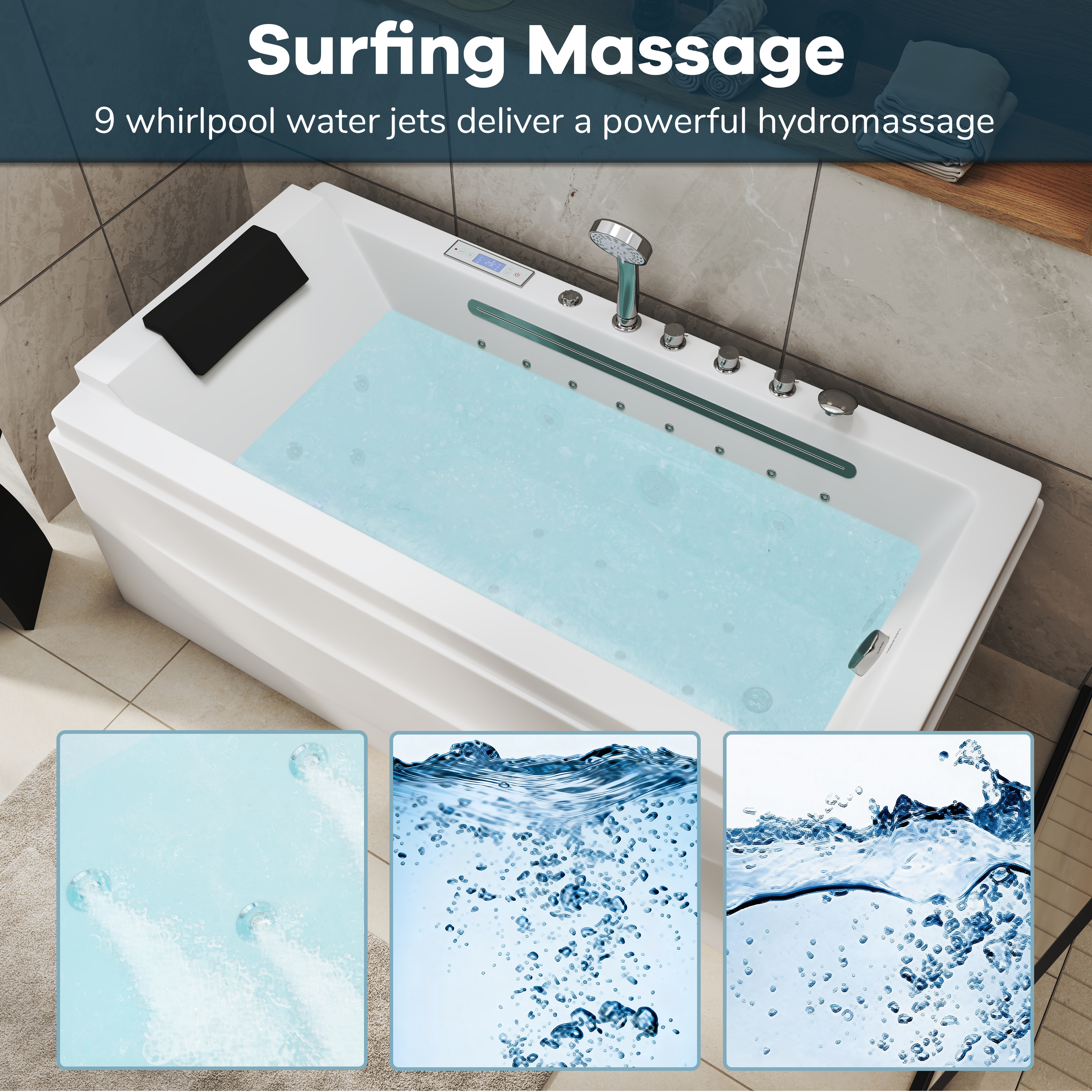 59" Freestanding Acrylic Hydro-Air Massage Bathtub with Dual LED Waterfall Inlets, Chromotherapy Lighting & Constant Temperature Heater