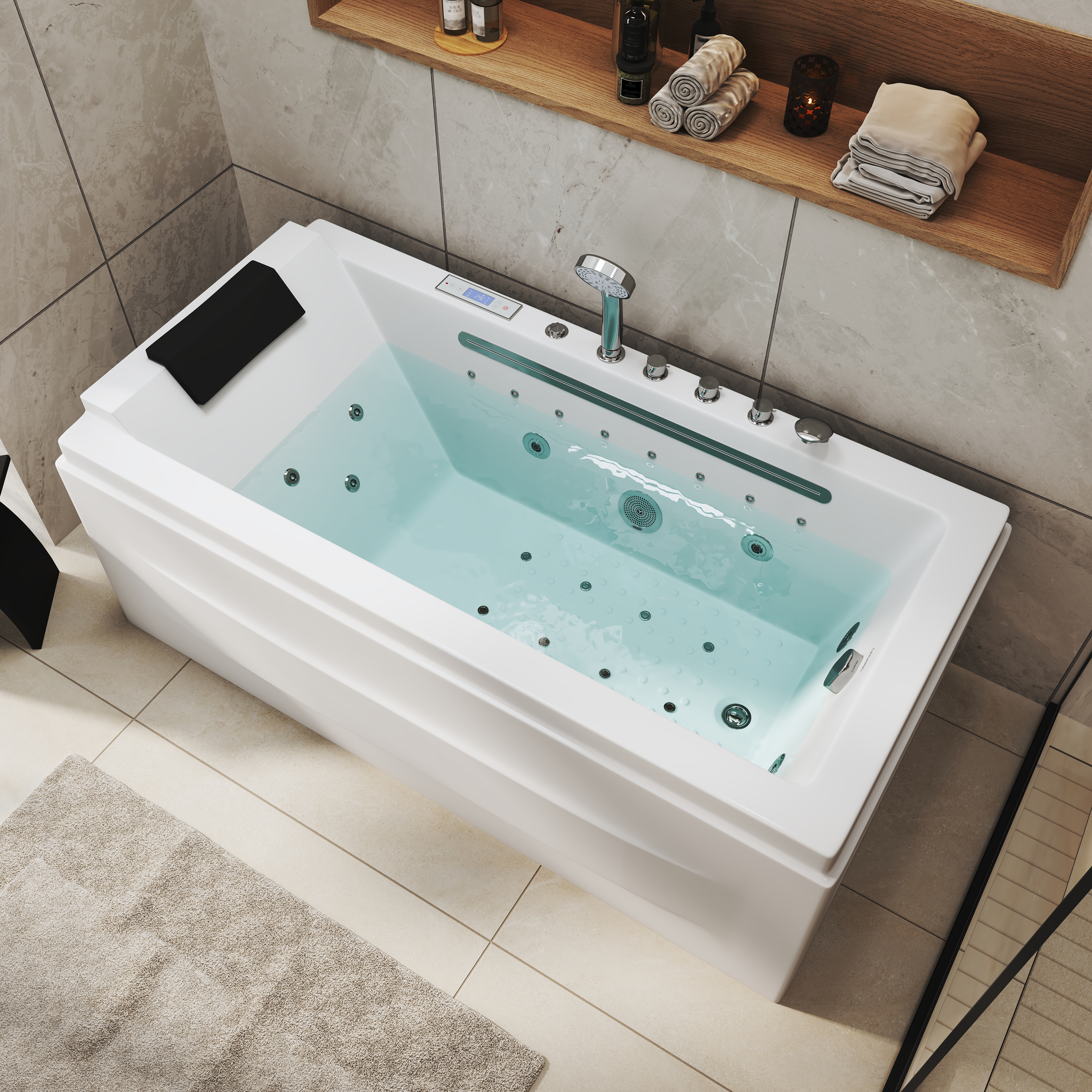 59" Freestanding Acrylic Hydro-Air Massage Bathtub with Dual LED Waterfall Inlets, Chromotherapy Lighting & Constant Temperature Heater