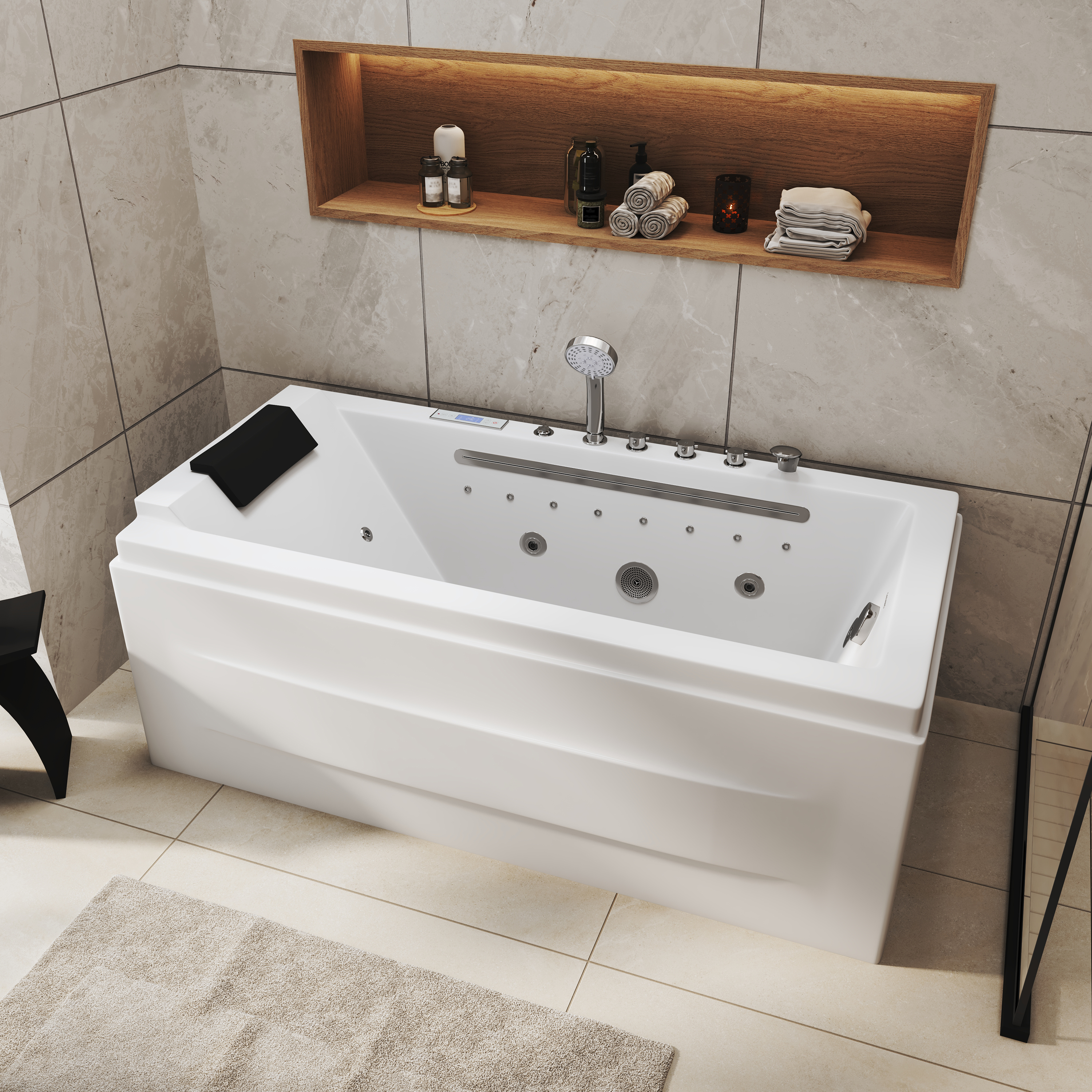 59" Freestanding Acrylic Hydro-Air Massage Bathtub with Dual LED Waterfall Inlets, Chromotherapy Lighting & Constant Temperature Heater