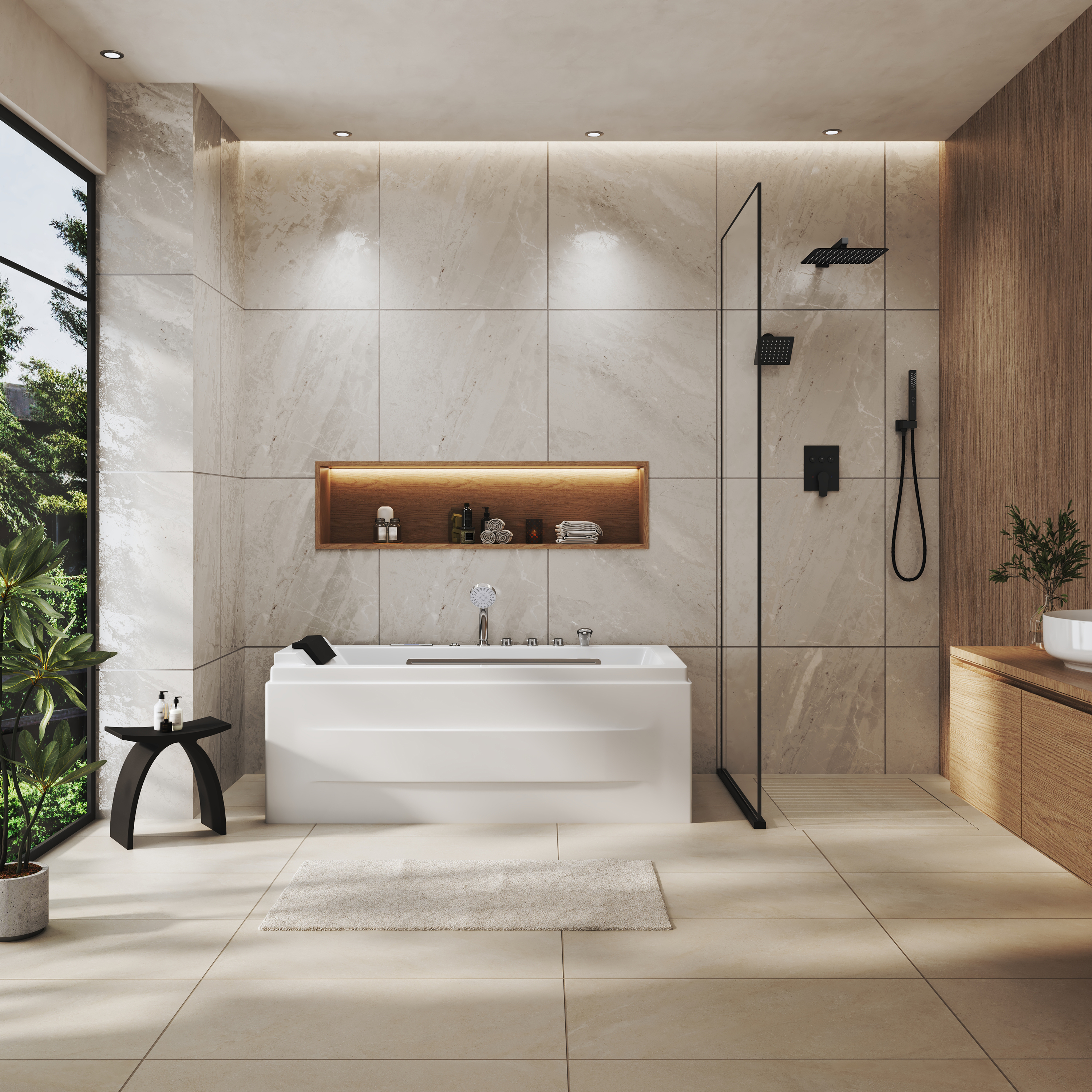 59" Freestanding Acrylic Hydro-Air Massage Bathtub with Dual LED Waterfall Inlets, Chromotherapy Lighting & Constant Temperature Heater