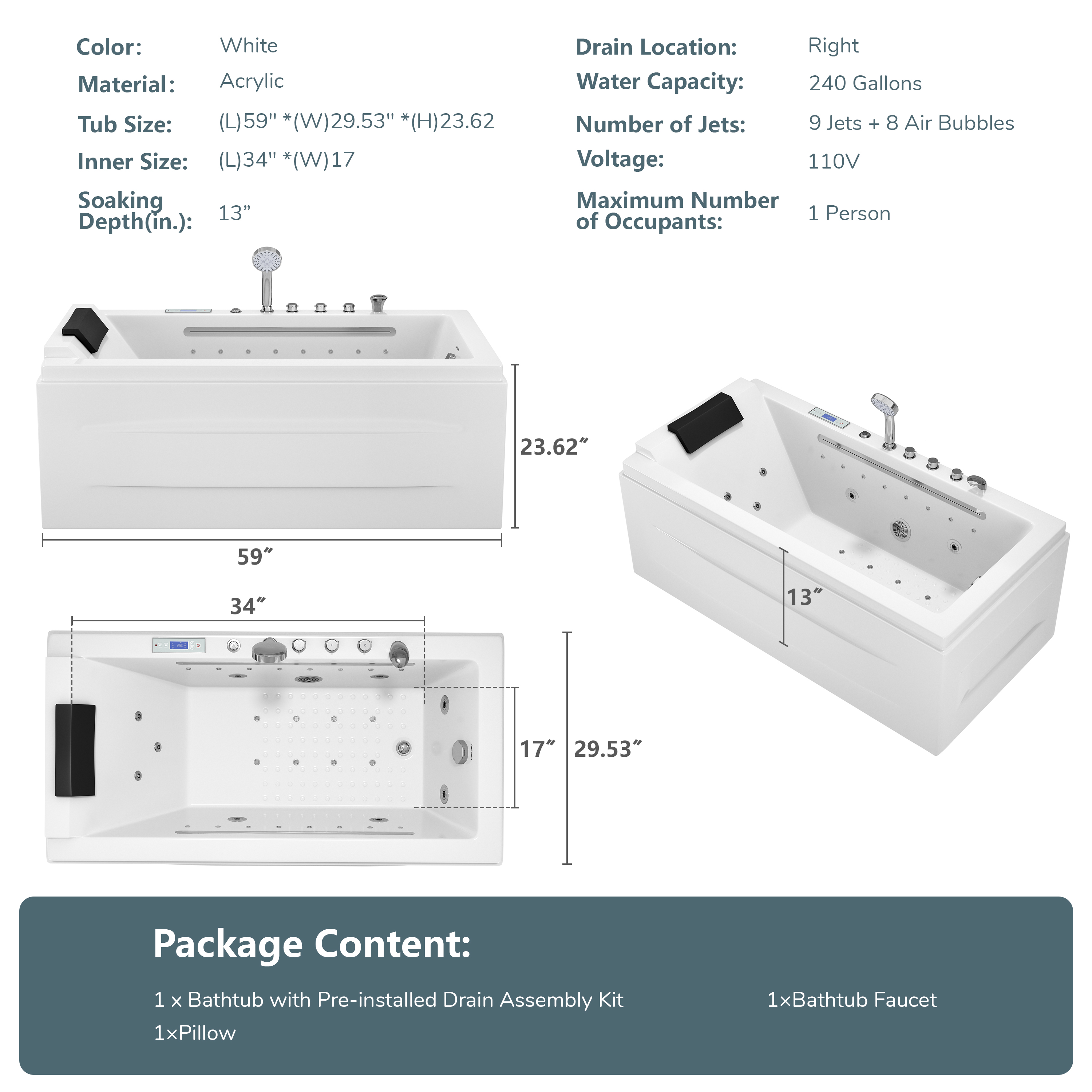 59" Freestanding Acrylic Hydro-Air Massage Bathtub with Dual LED Waterfall Inlets, Chromotherapy Lighting & Constant Temperature Heater