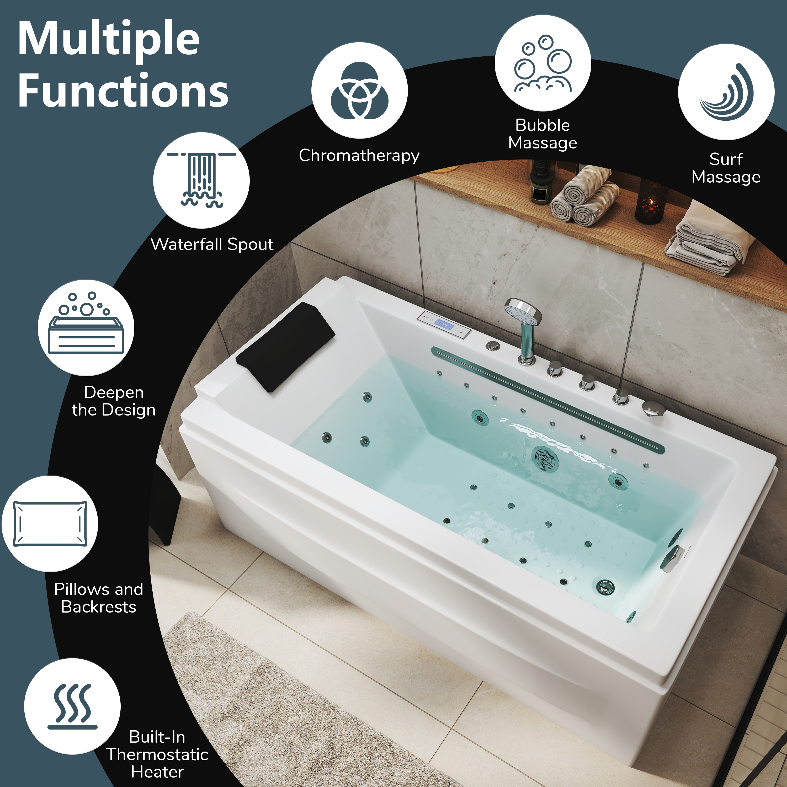 59" Freestanding Acrylic Hydro-Air Massage Bathtub with Dual LED Waterfall Inlets, Chromotherapy Lighting & Constant Temperature Heater