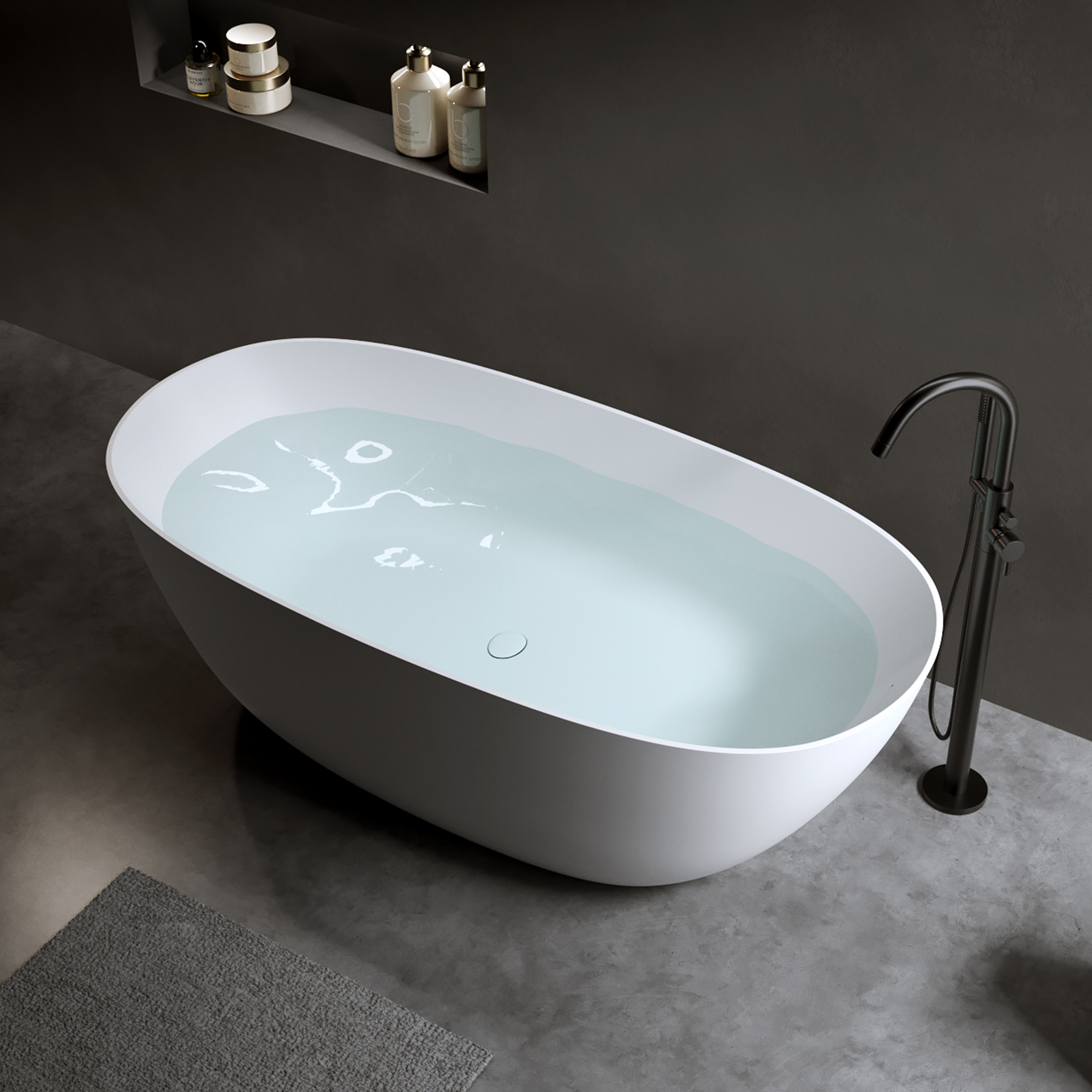 57"/61"/65"/69" Luxury Stone Resin Freestanding Soaking Bathtub in Hand-Polished Finish