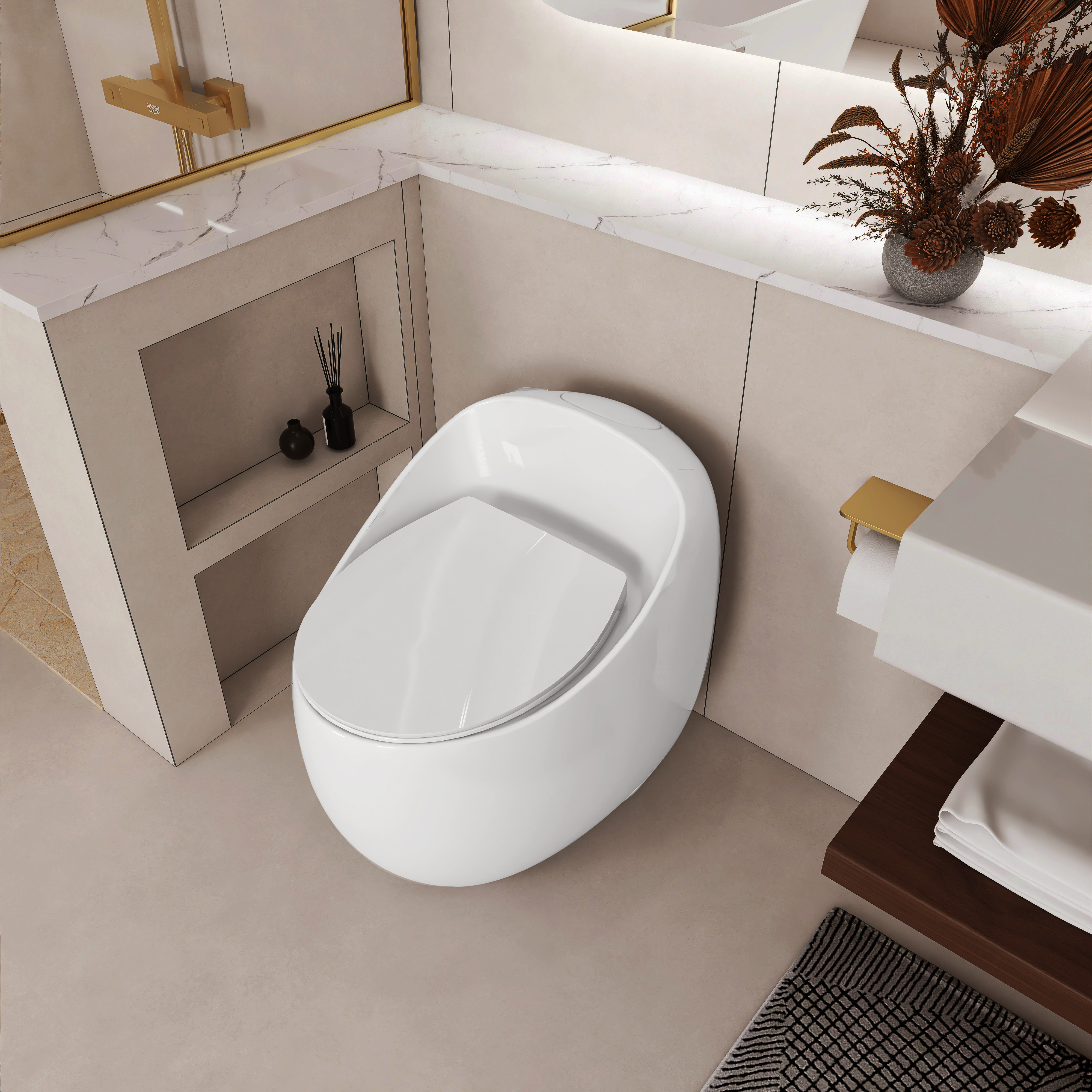 Egg Shape 1-Piece Toilet in Glossy White with 1.28 GPF Single Flush