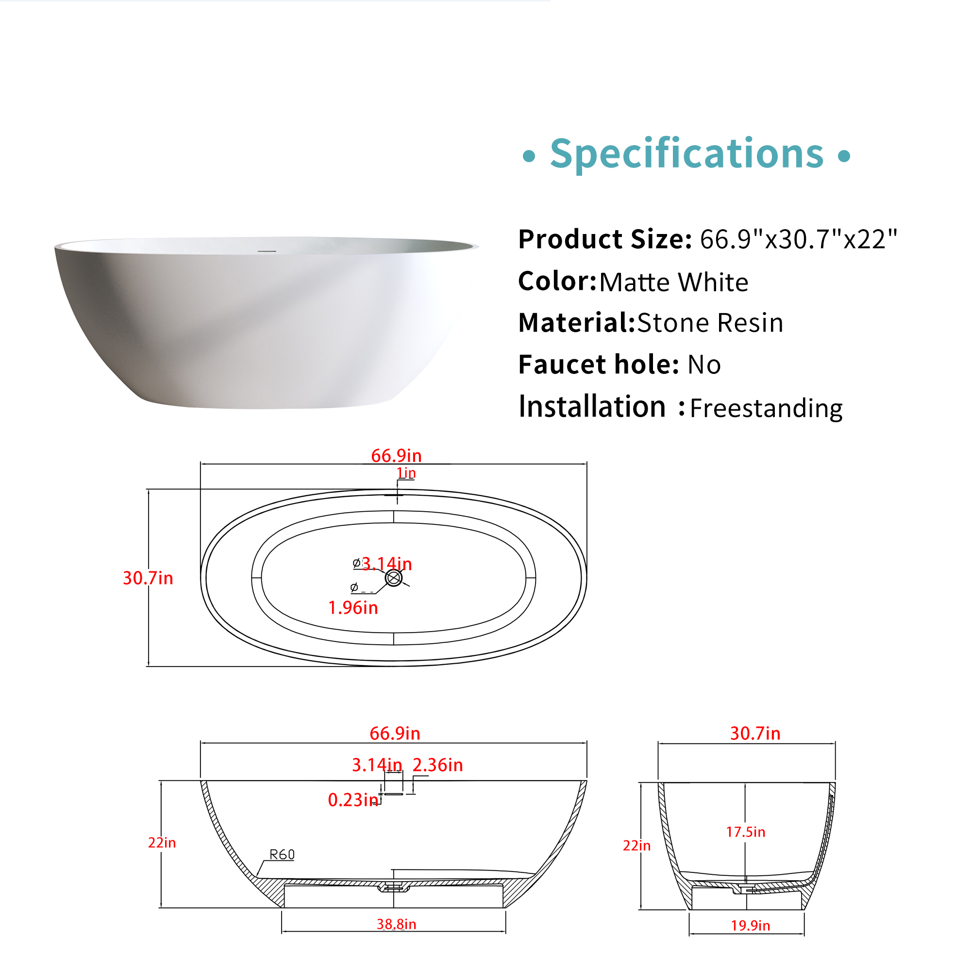 55"/59"/63"/67"/71" Freestanding Solid Surface Soaking Bathtub with Smooth Matte Finish