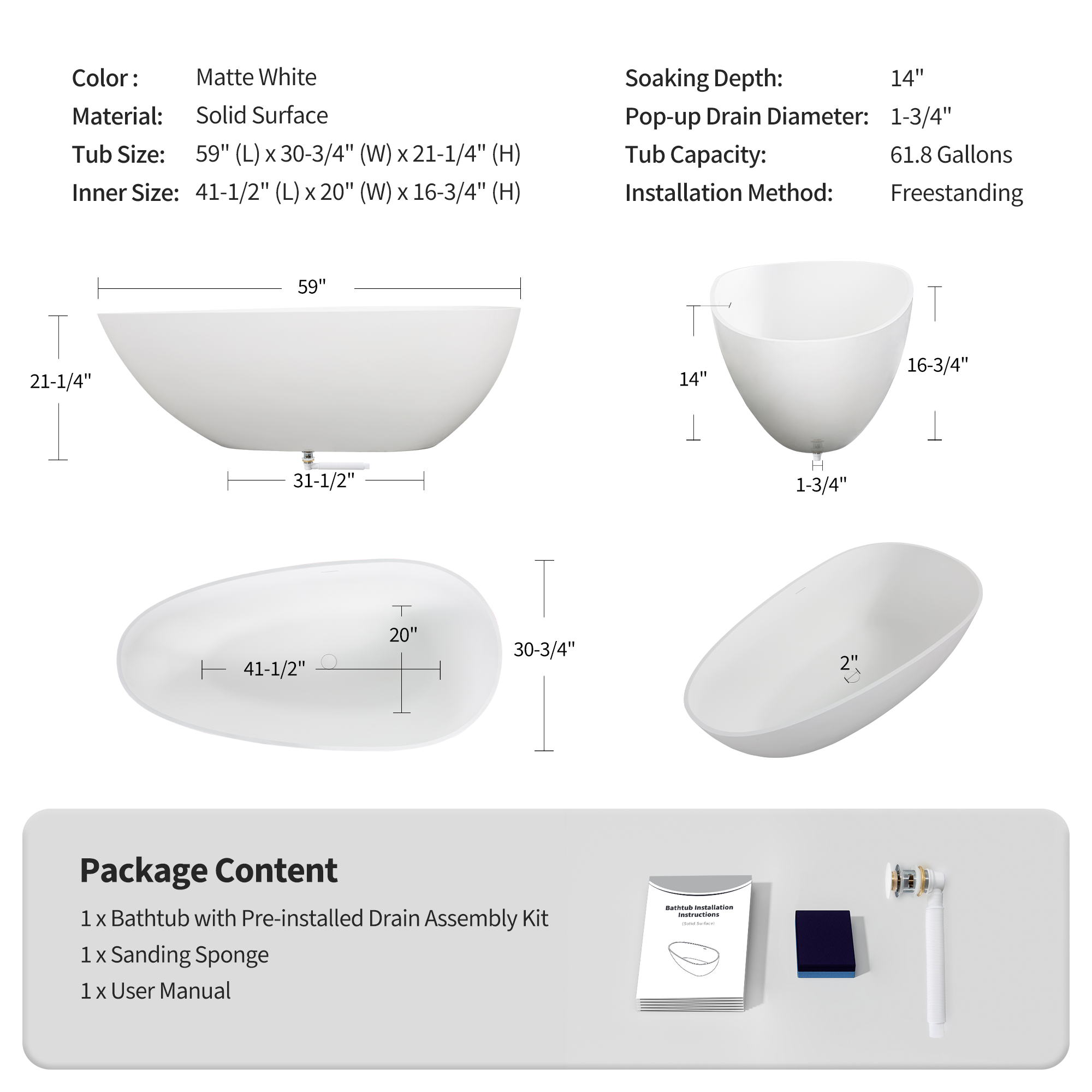59/67" Luxury Handcrafted Freestanding Solid Surface Soaking Bathtub in Glossy White/Matte White