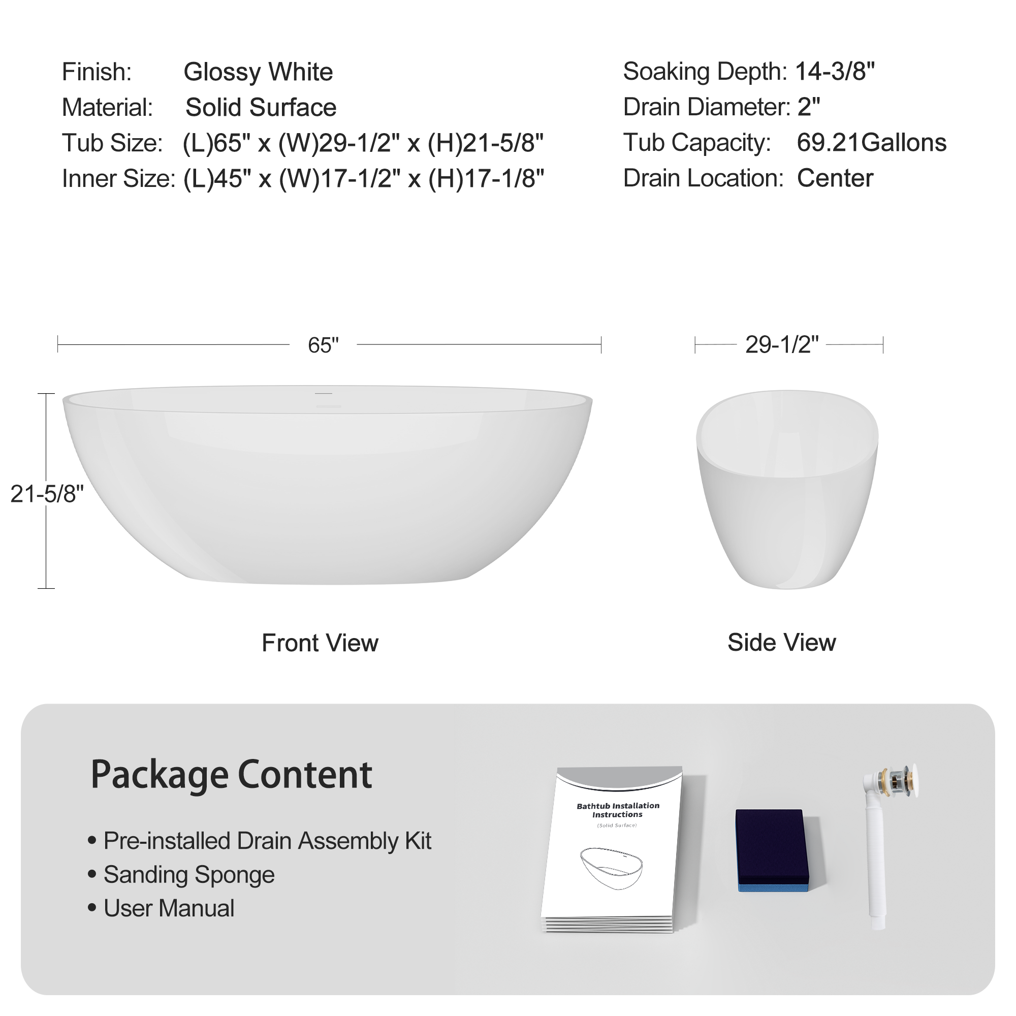 65" Oval Stone Resin Freestanding Soaking Tub with Ergonomic Design