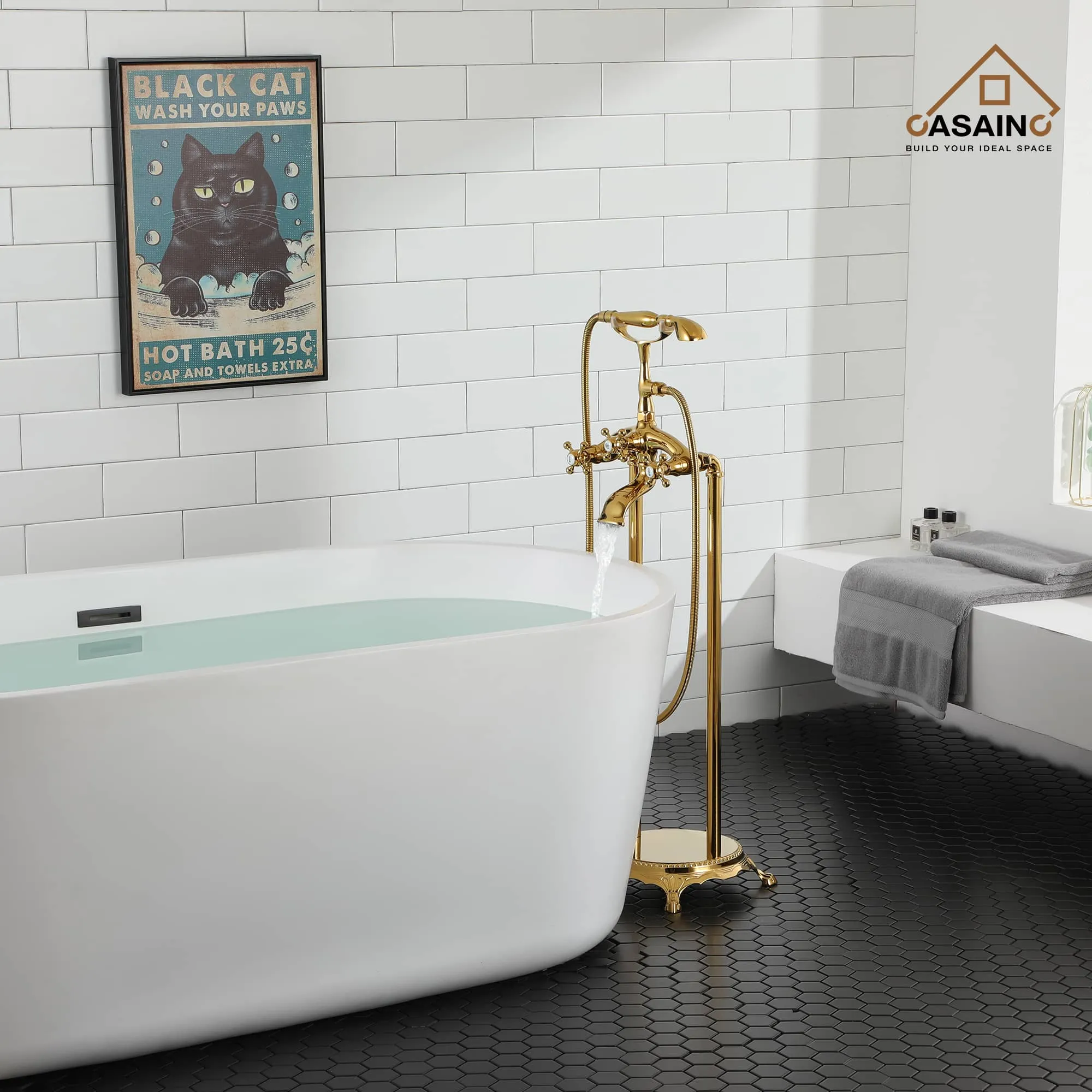 Contemporary Bathroom Design Claw Foot Tub Faucet in Brushed Gold with Black Floor Tile