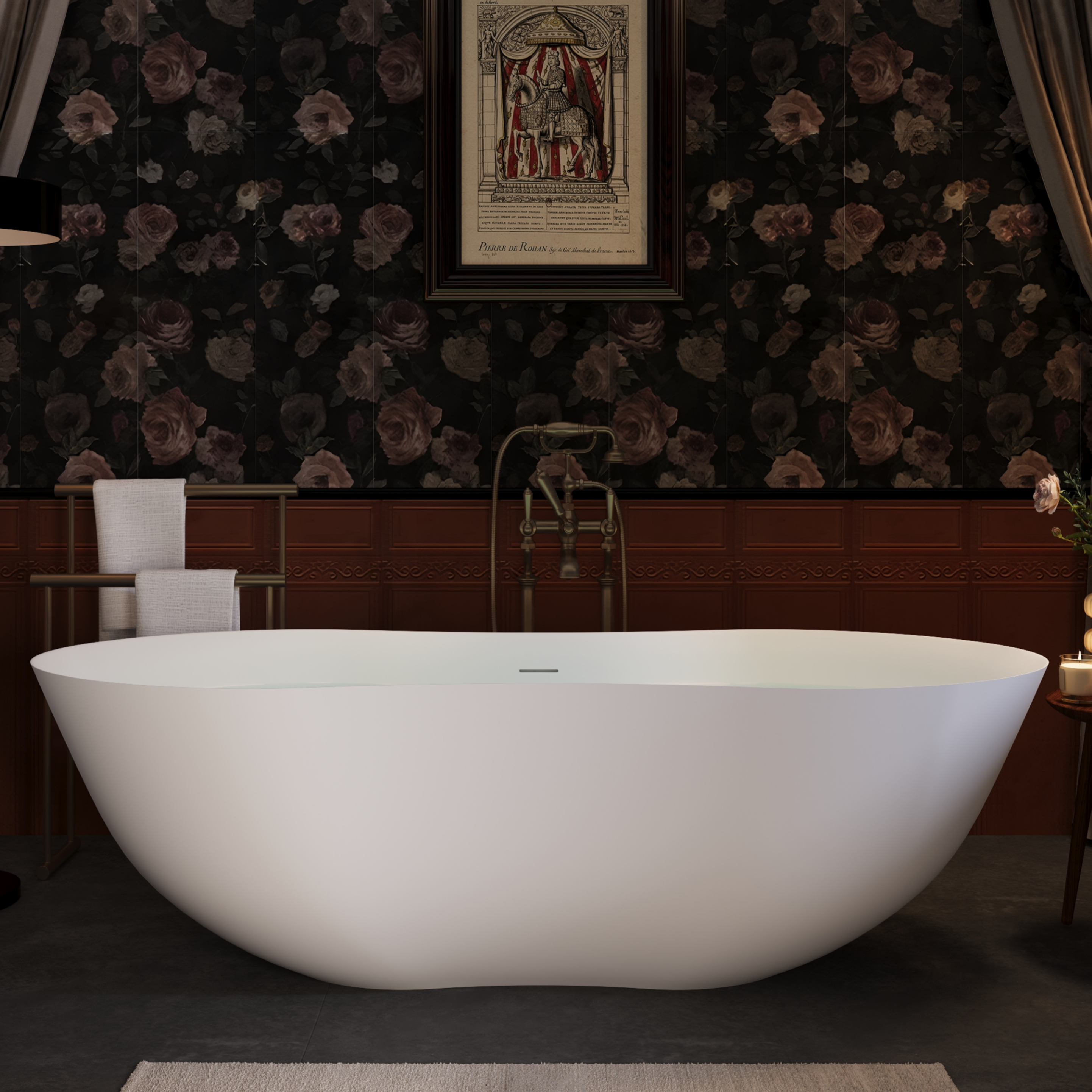 67" Peanut-Shaped Freestanding Solid Surface Bathtub for Two with Overflow & Pop-Up Drain