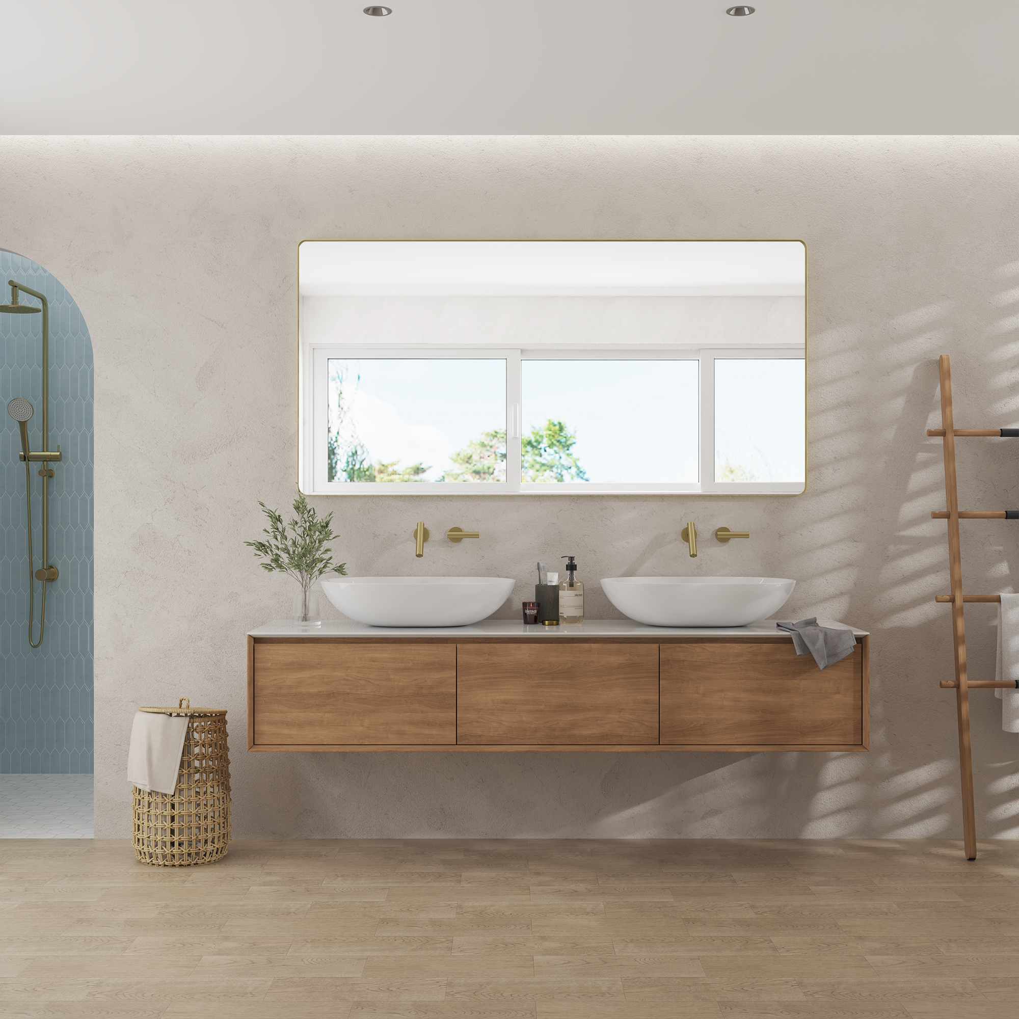 Tempered Glass Wall-Mounted Mirror with Gold Metal Frame