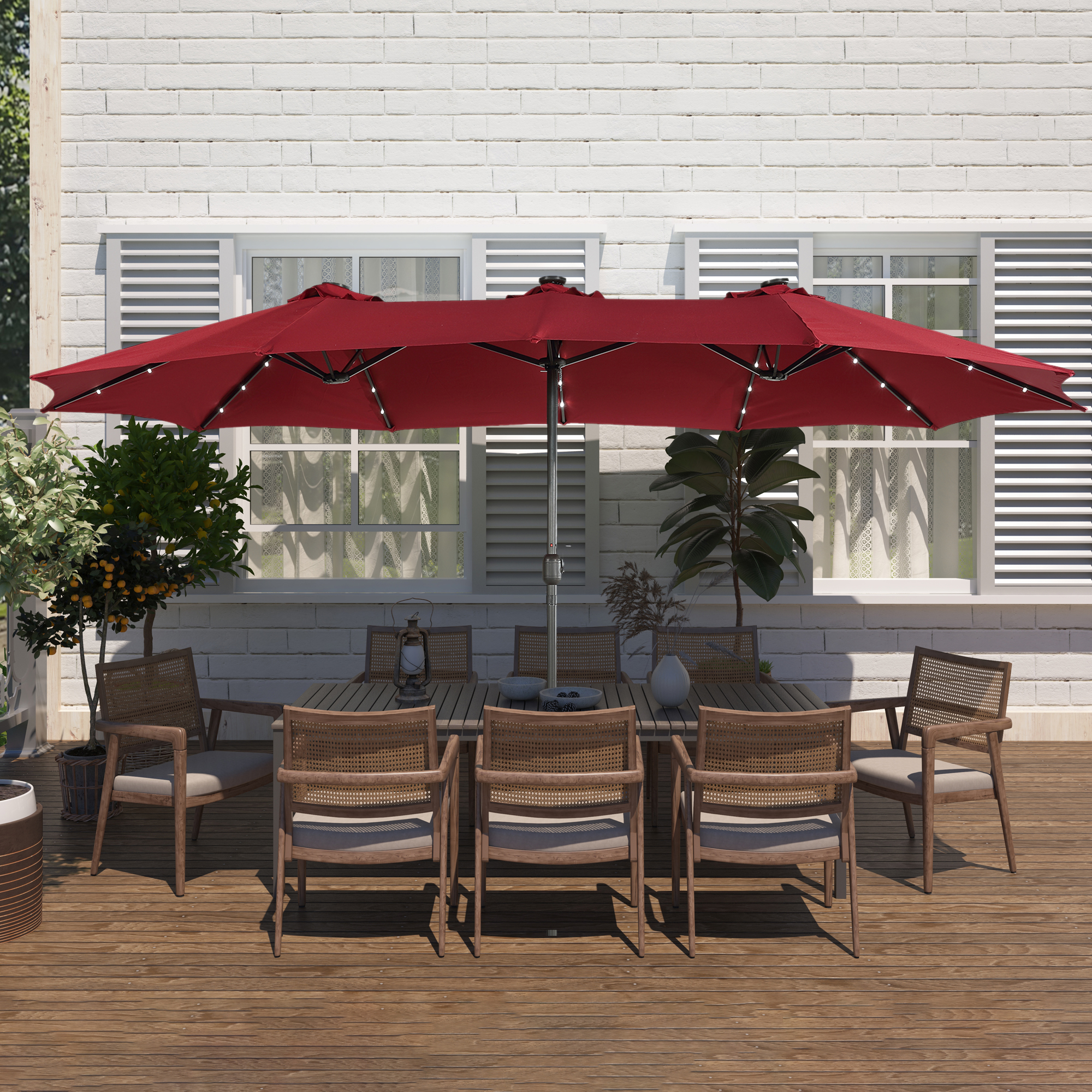 15ft Patio Steel Rectangular Double-Sided Market Umbrella With Base, Classic Design or Solar LED Lights Options,UV Sun Protection & Easy Crank for Deck Pool Patio.