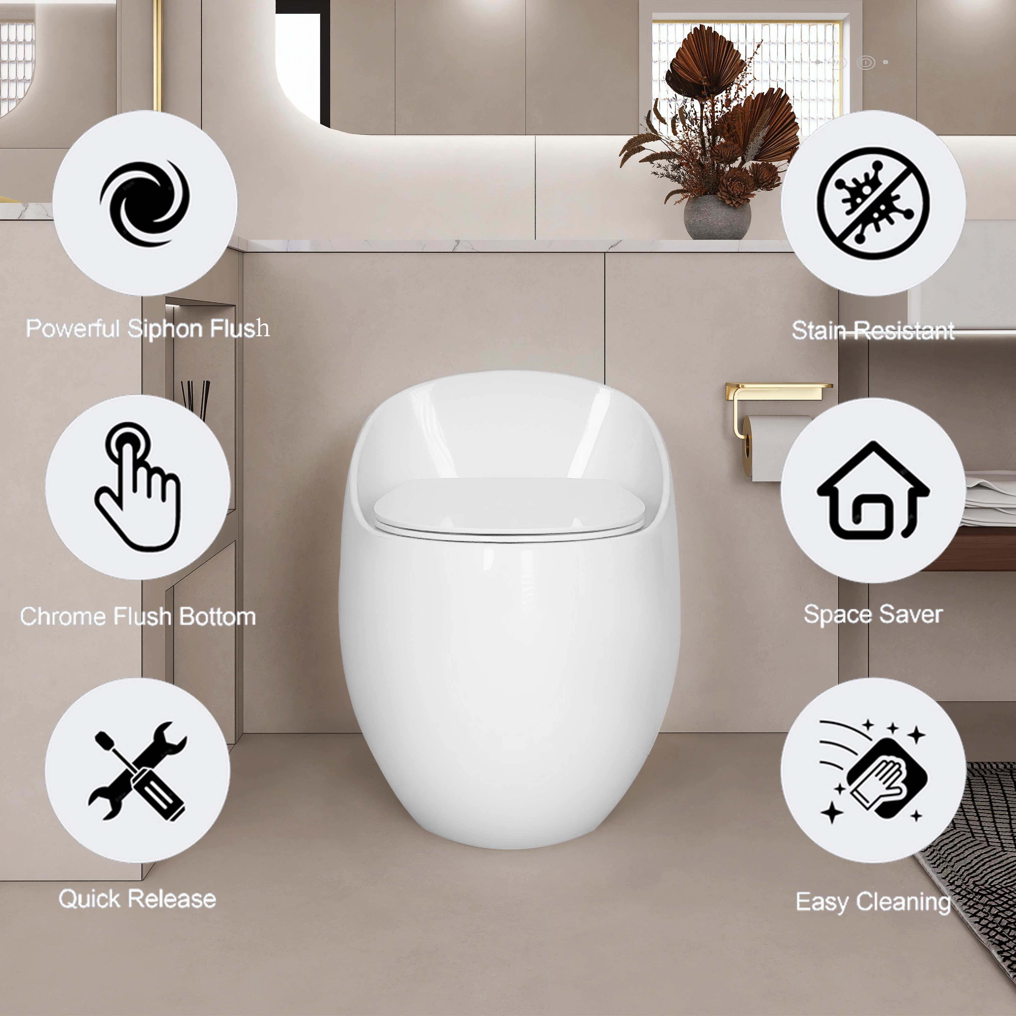 Egg Shape 1-Piece Toilet in Glossy White with 1.28 GPF Single Flush