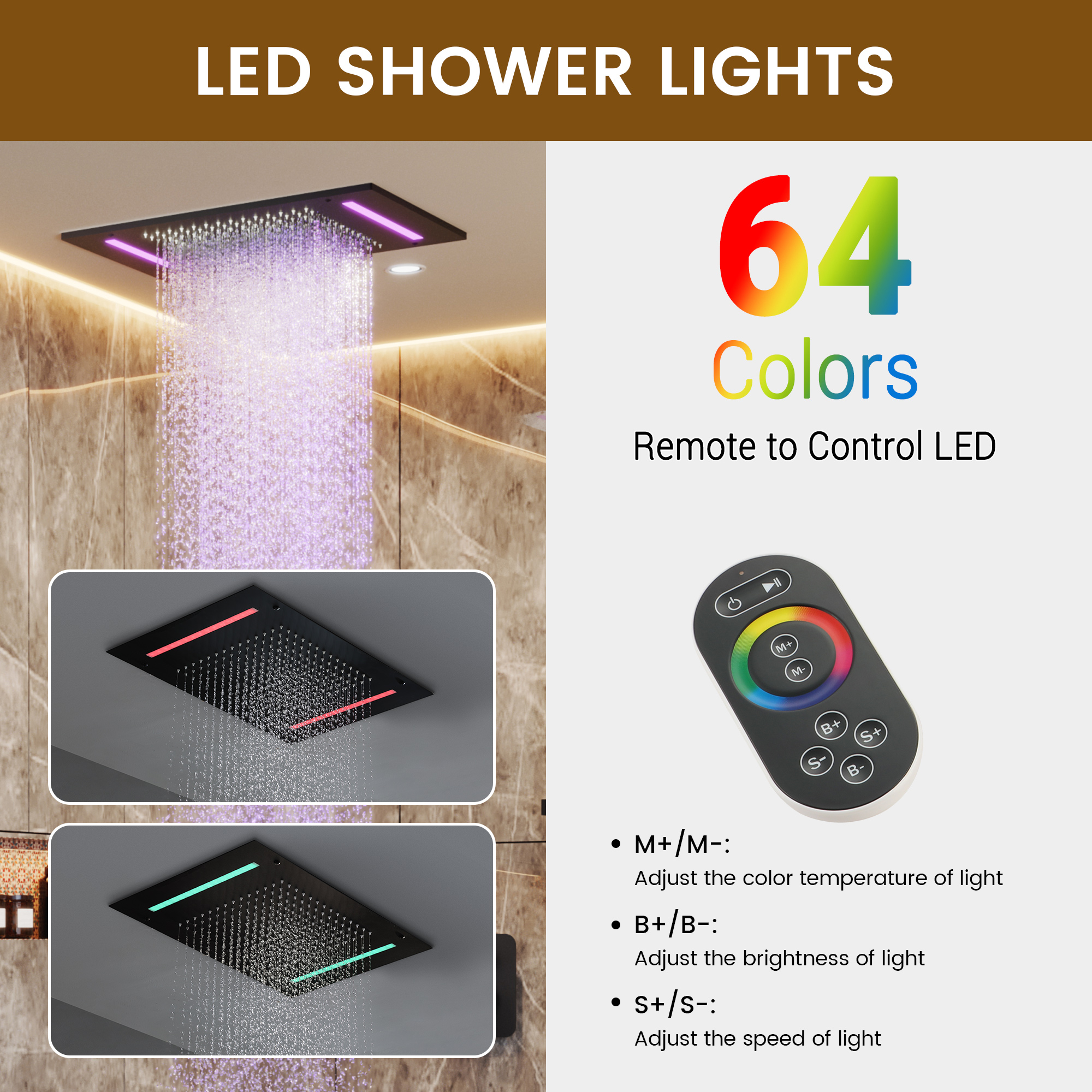 20*14 inch 3-Function Body Jet Shower System with LED Lights & Slide Bar
