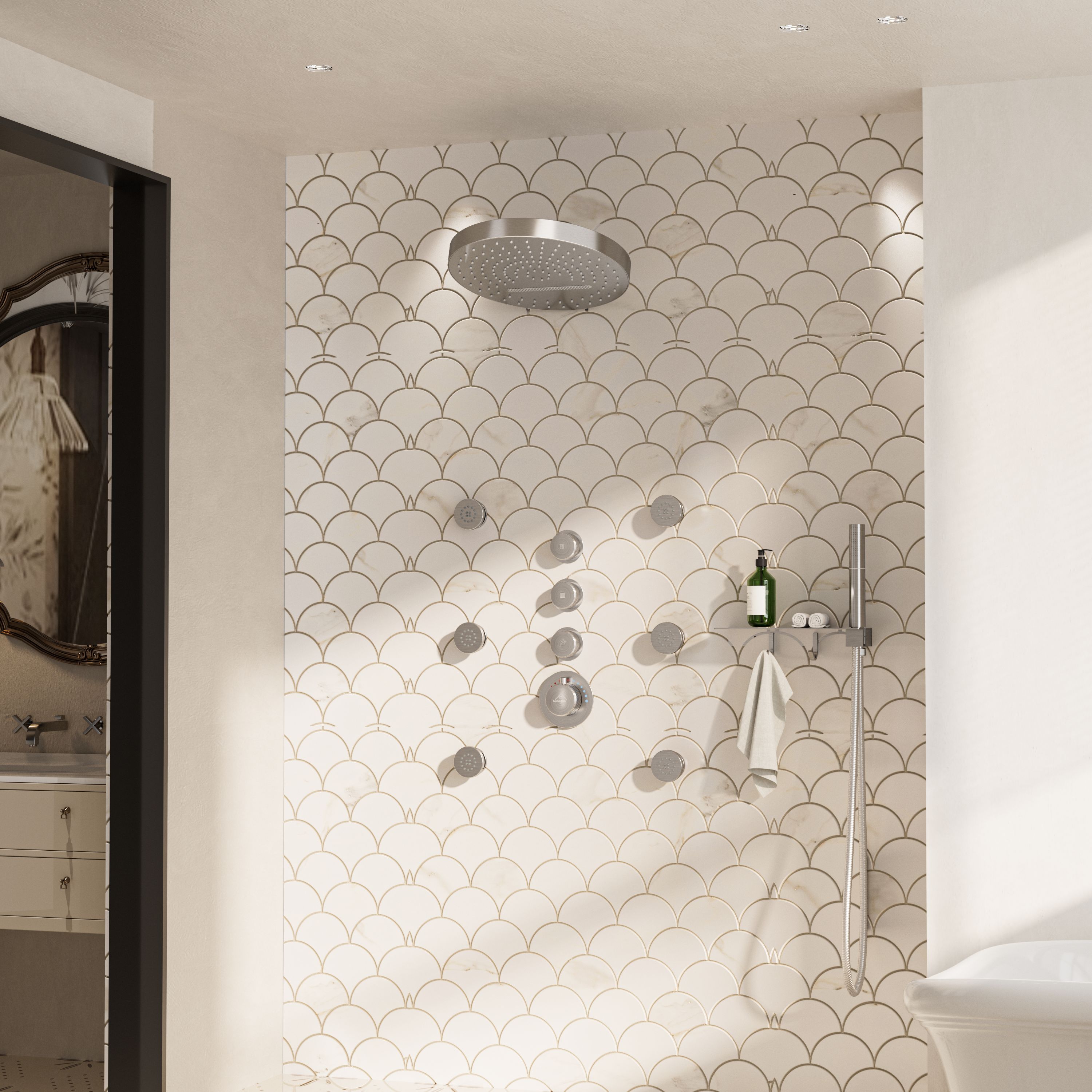 12" Adjustable Shower Head With Shelf Shower System, Hand Shower With Spray Gun Function