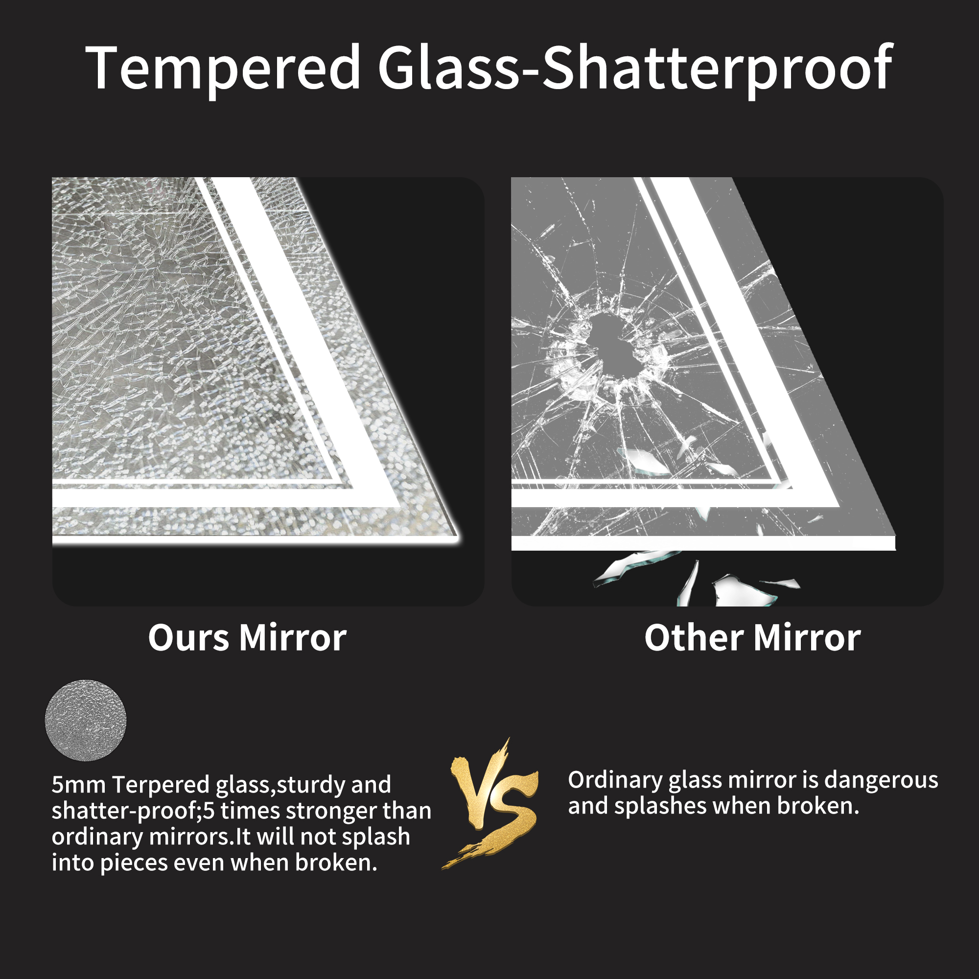 Rectangular Frameless LED Bathroom Mirror with Anti-Fog & Adjustable Color