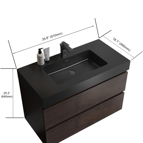 24"/30"/36" Walnut Wall-Mounted Floating Bathroom Vanity with Black Sink Basin