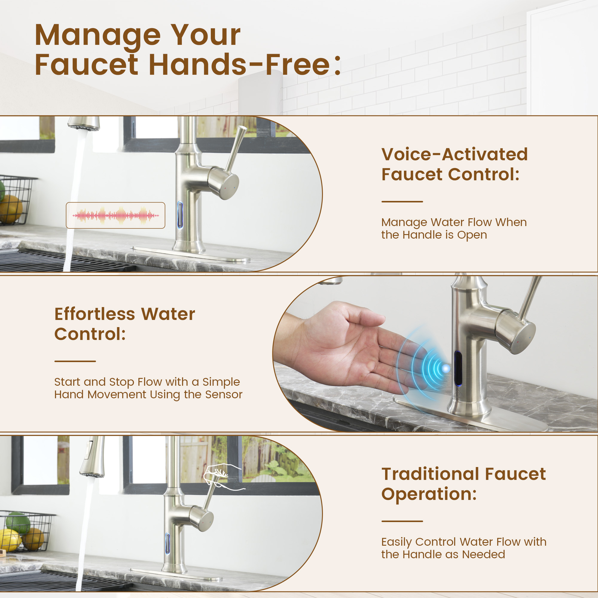Smart Voice-Controlled Kitchen Faucet with Pull Down Sprayer and Touchless Technology