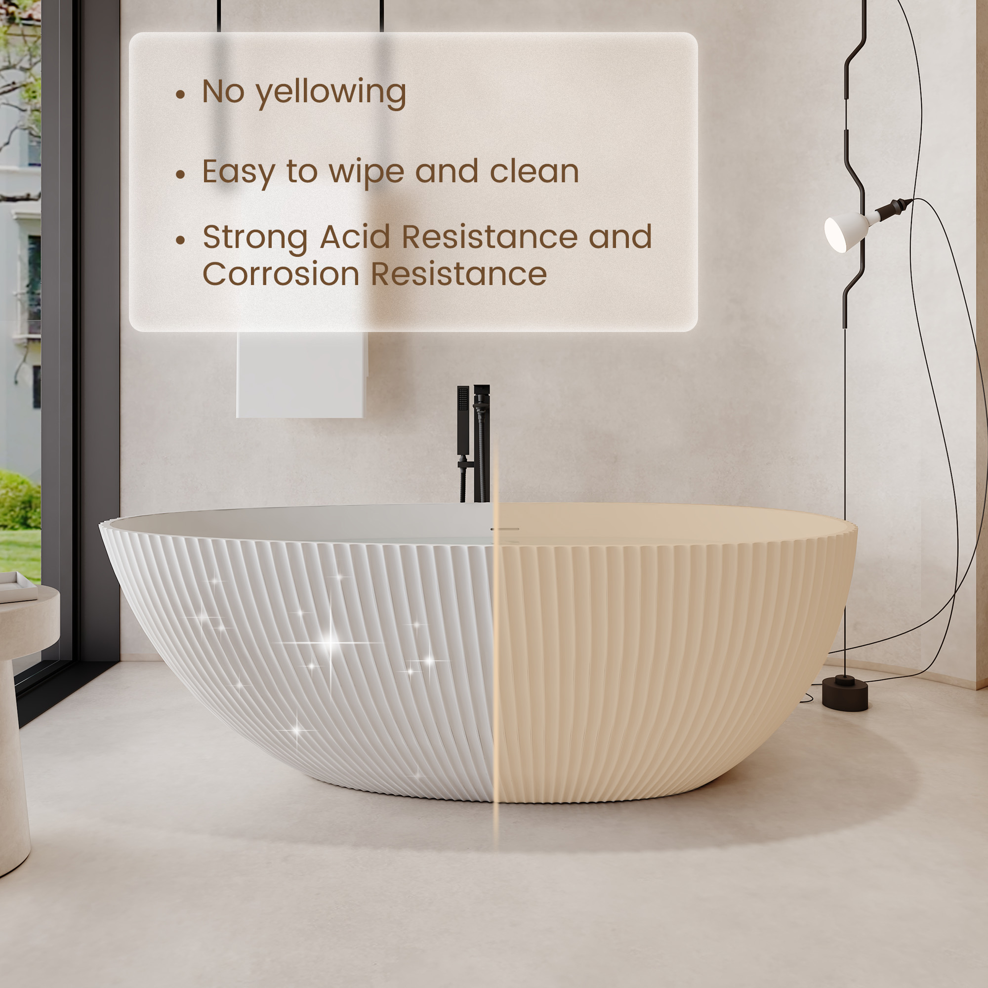 67" Solid Surface Freestanding Soaking Bathtub with Ribbed Textured Design