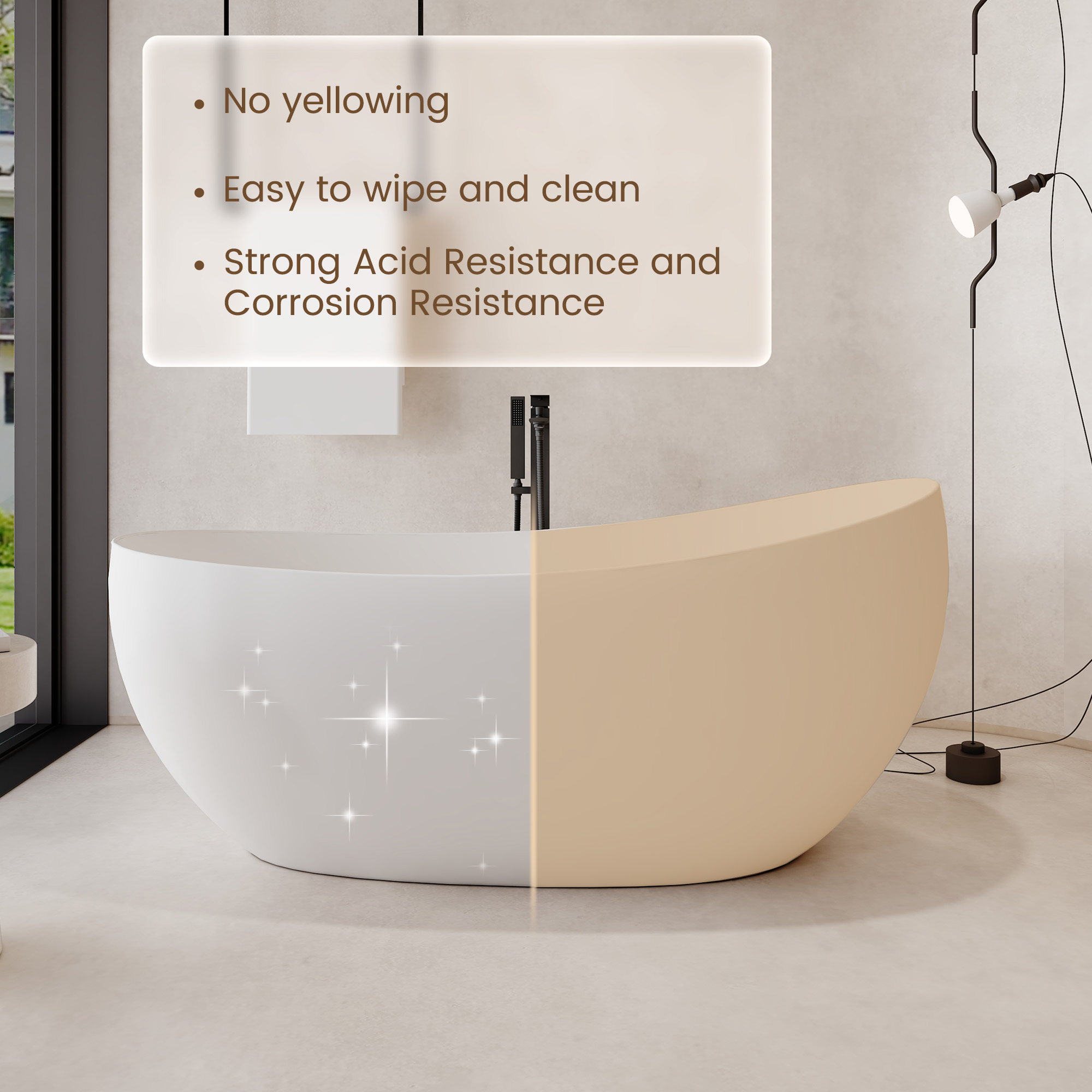 63" Solid Surface Freestanding Soaking Bathtub with High Backrest