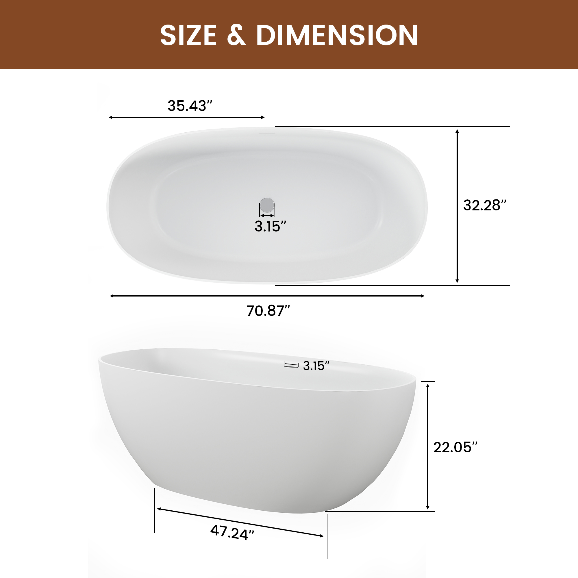 71" Oval Solid Surface Freestanding Soaking Bathtub in Matte White