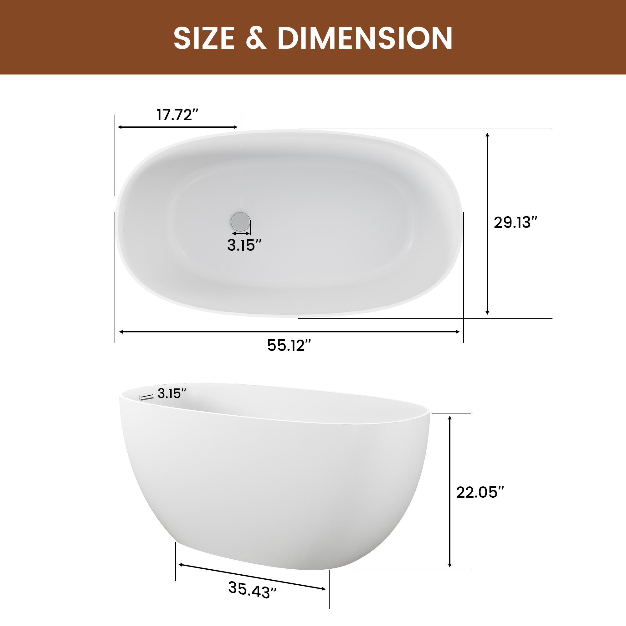 55" Freestanding Solid Surface Soaking Bathtub with Left Drain