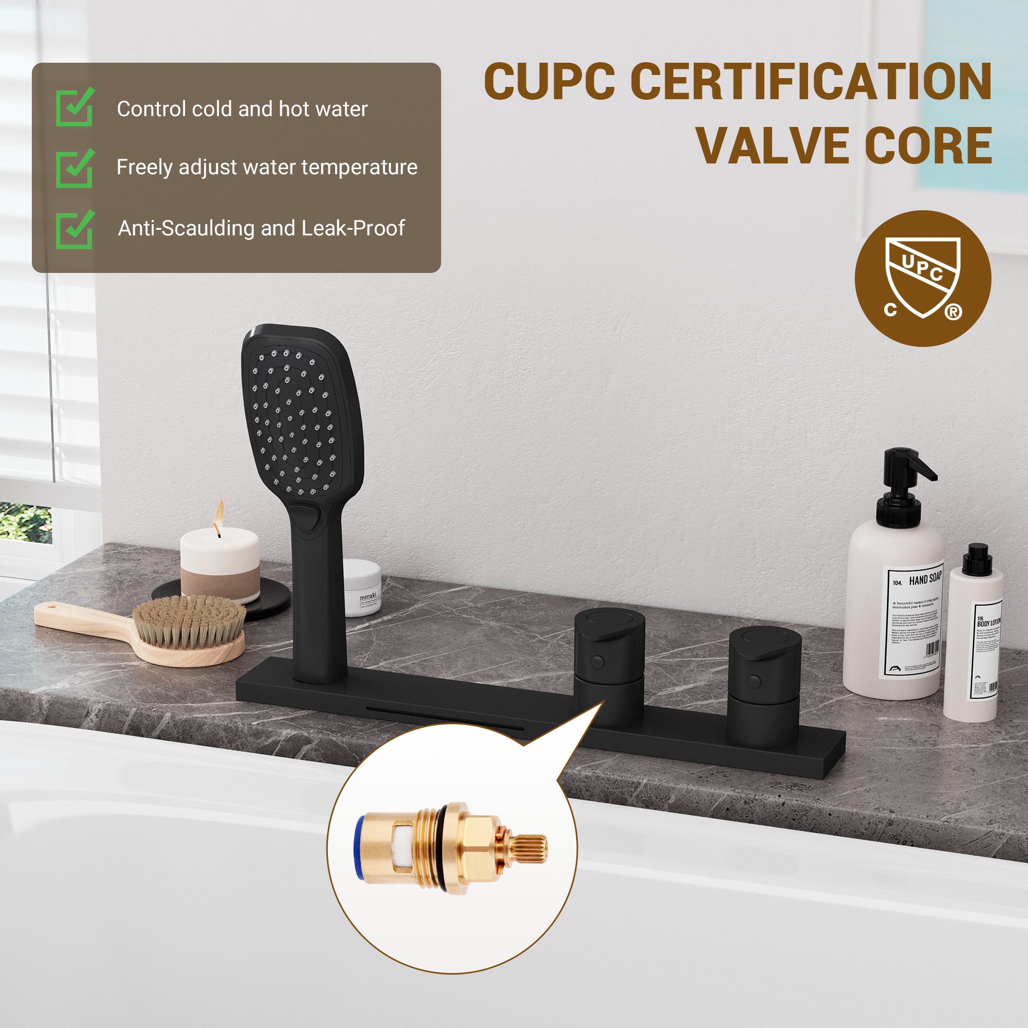 2-Handle Deck-Mounted Bathtub Faucet with 2 Spray Modes Hand Shower