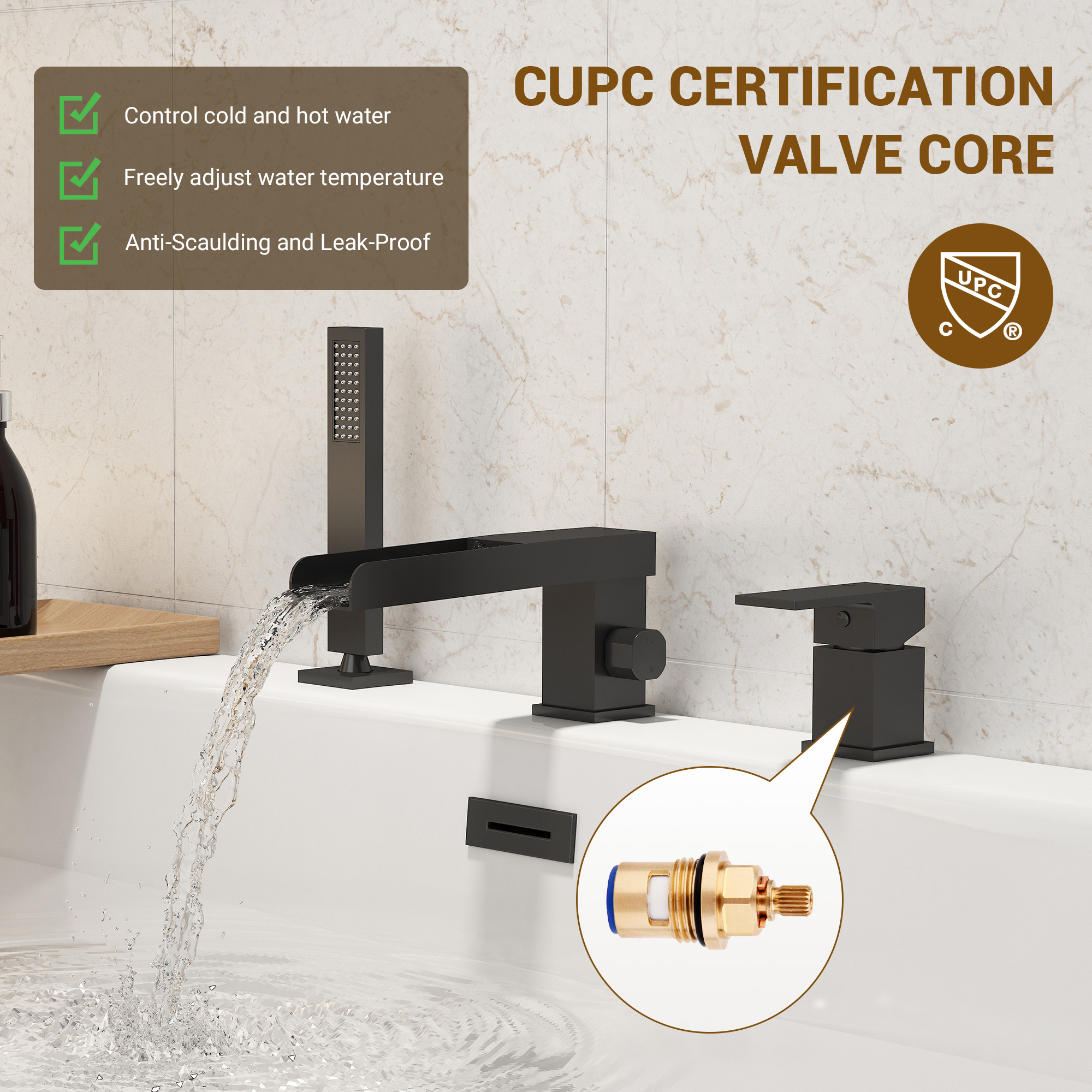 Single-Handle 3 Holes Waterfall Bathtub Filler Faucet with Hand Shower