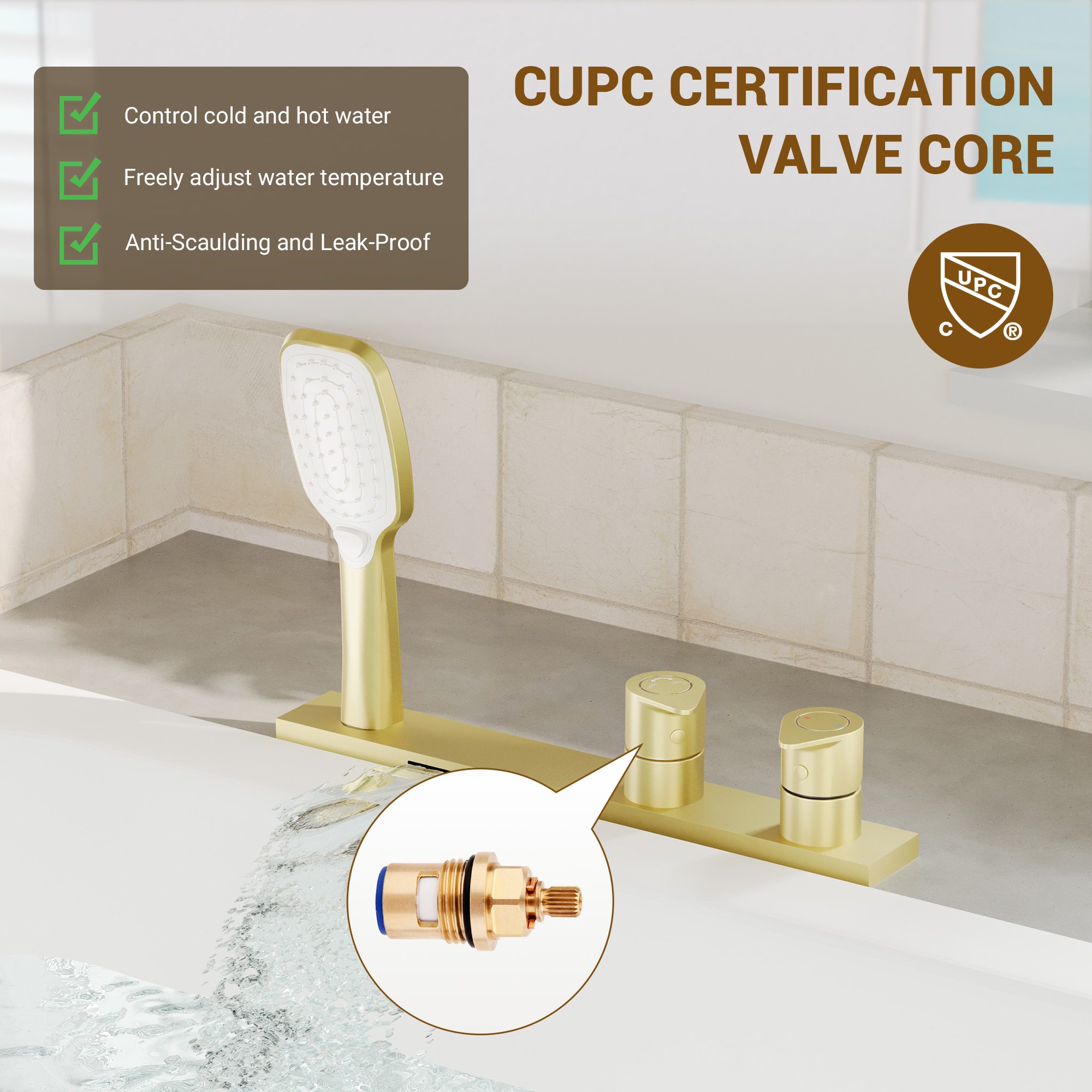 2-Handle Deck-Mounted Bathtub Faucet with 2 Spray Modes Hand Shower