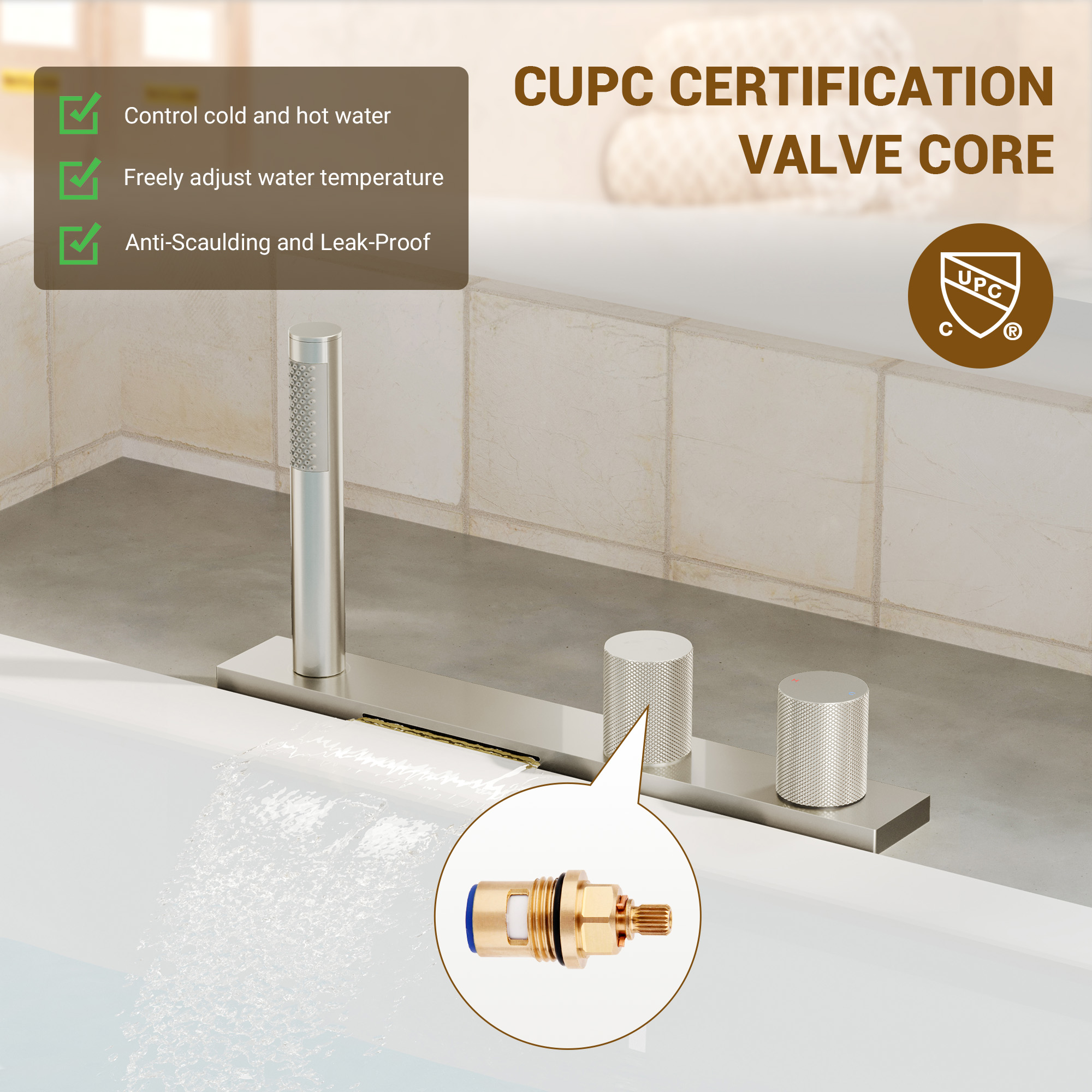 2-Handle Waterfall Roman Tub Faucet with Handheld Shower