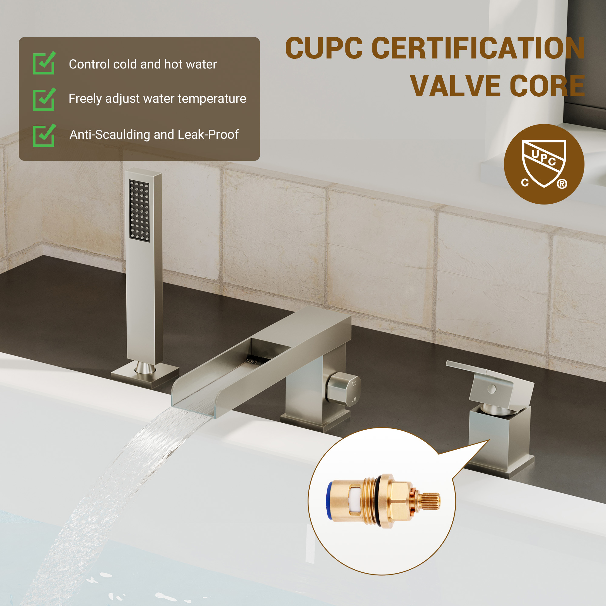 Single-Handle 3 Holes Waterfall Bathtub Filler Faucet with Hand Shower