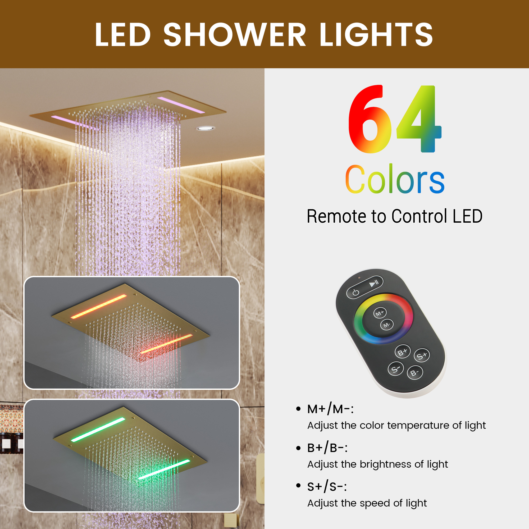 20*14 inch 3-Function Body Jet Shower System with LED Lights & Slide Bar