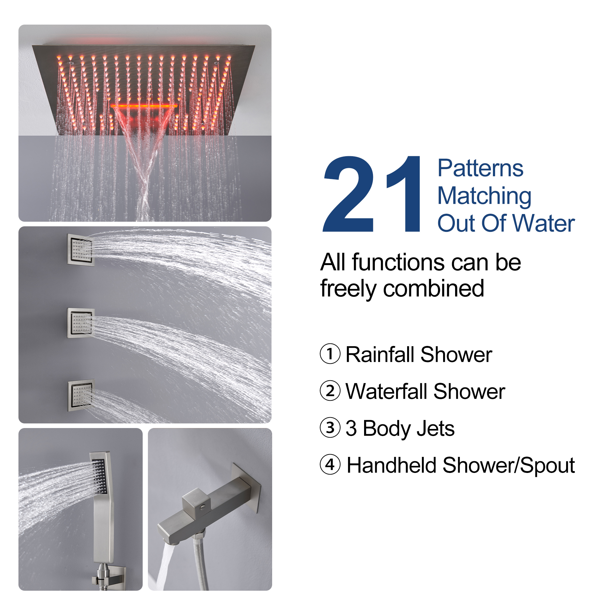 16" Ceiling-Mount 4-Way Shower System with LED Display and Music Player