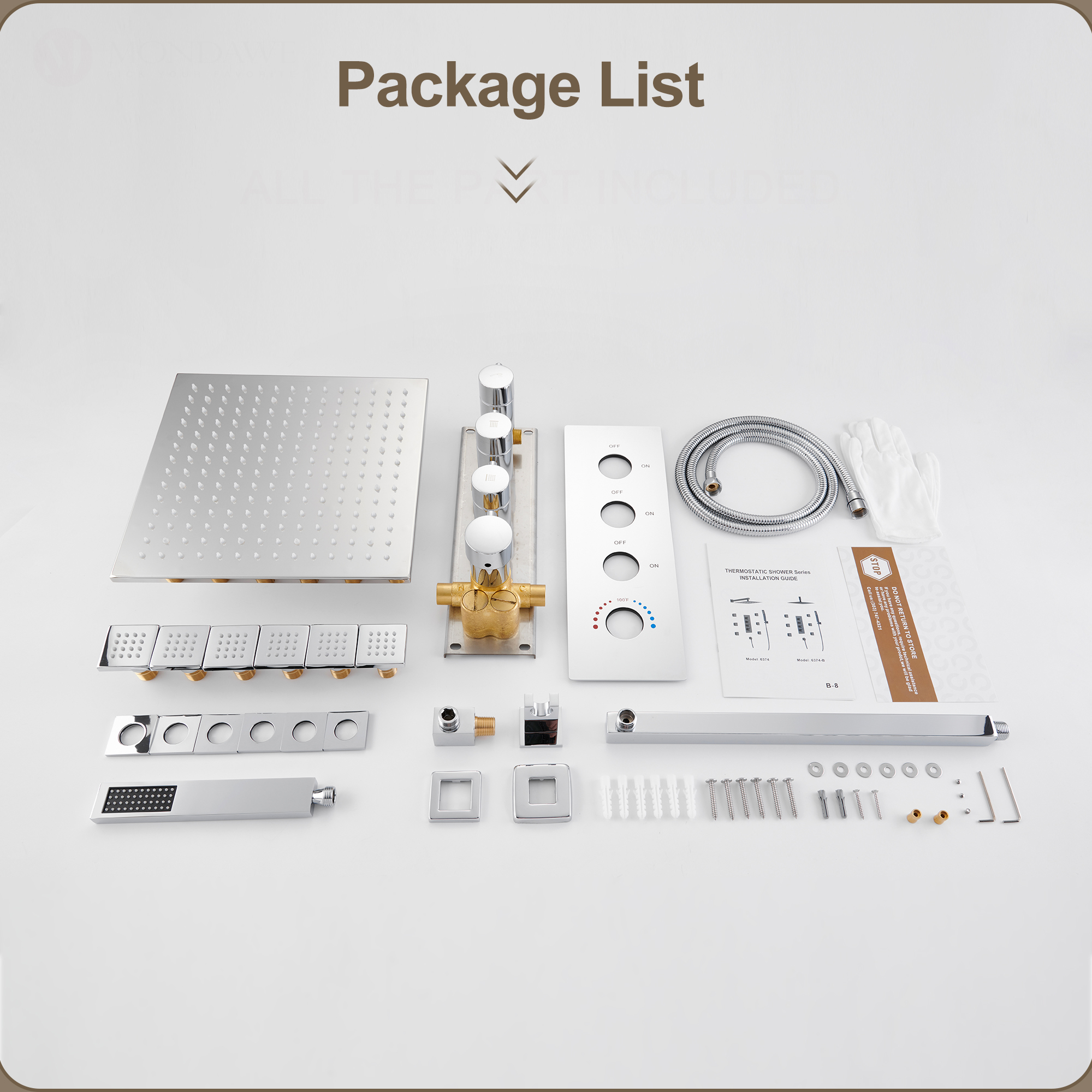 12" Thermostatic LED Shower System Wall-Mount Rain Showerhead with 6 Body Jets