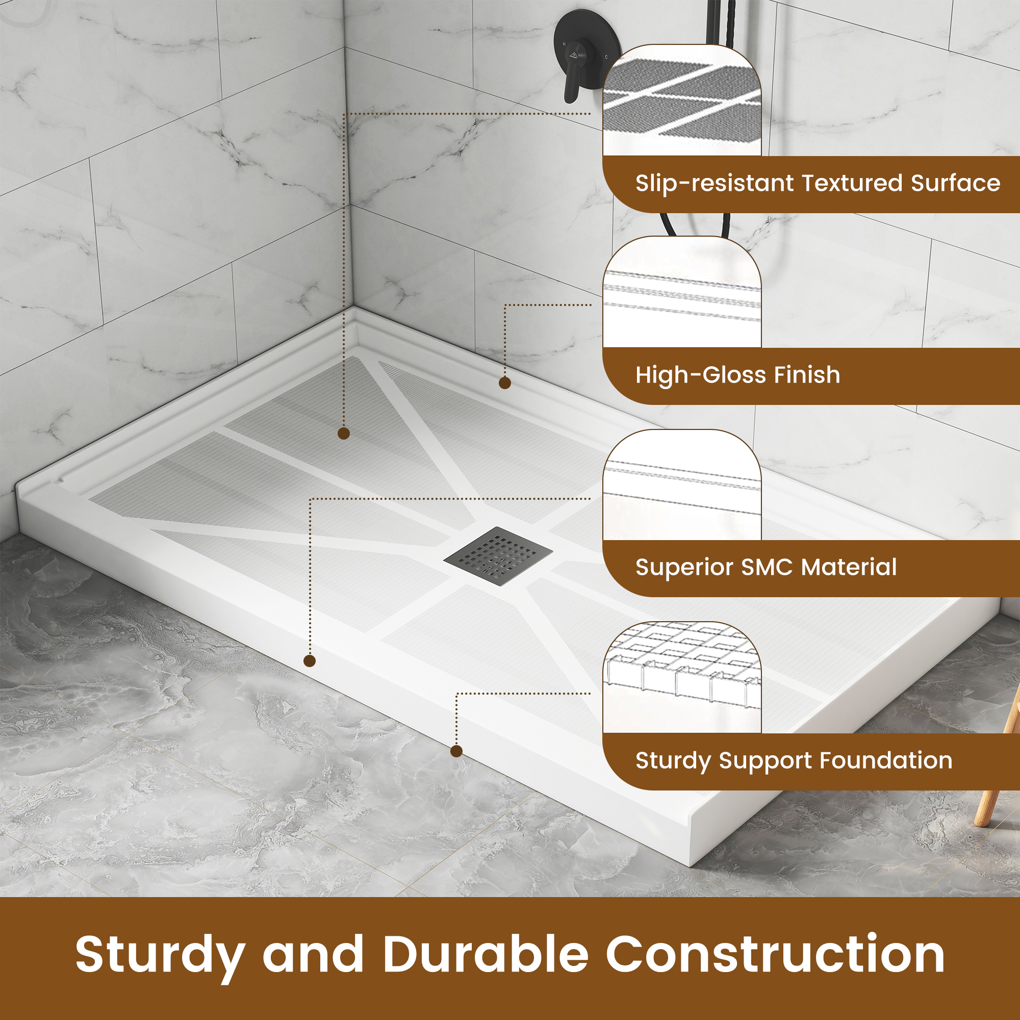Rectangle SMC White Shower Pan Base with Center Drain