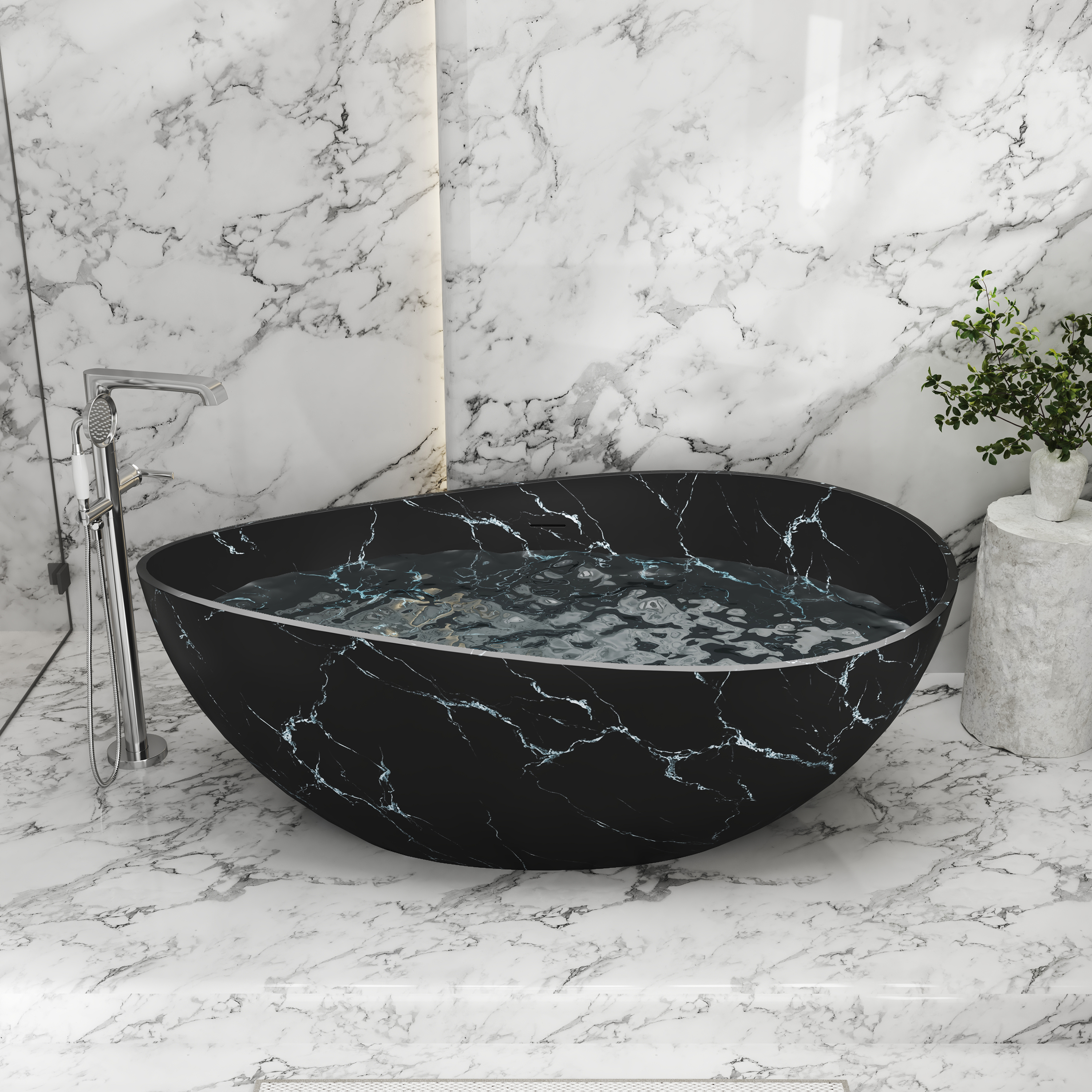 63" Artistic Marble Sculptural Solid Surface Freestanding Soaking Bathtub